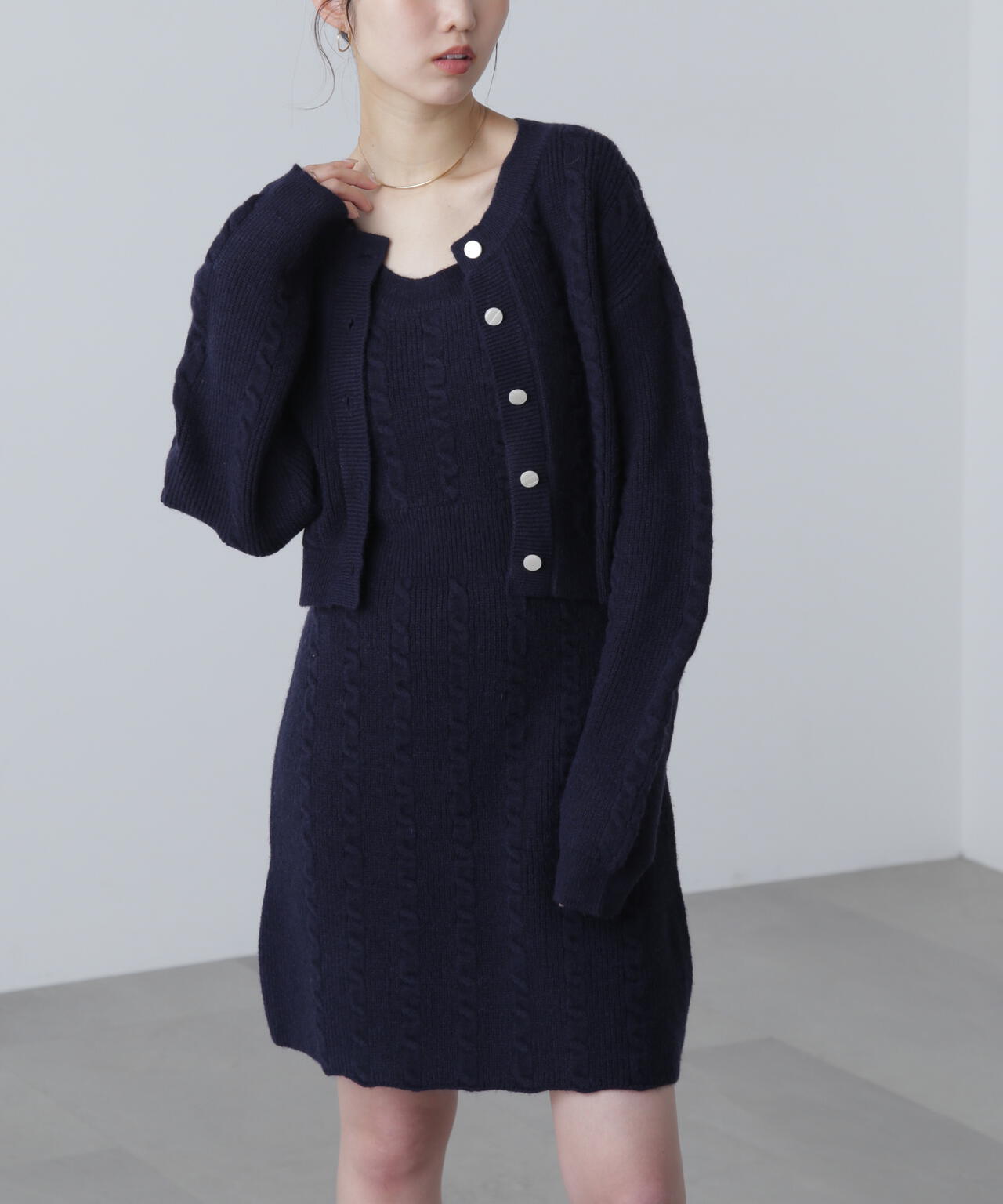 ケーブルニットカーデ×ワンピースセット