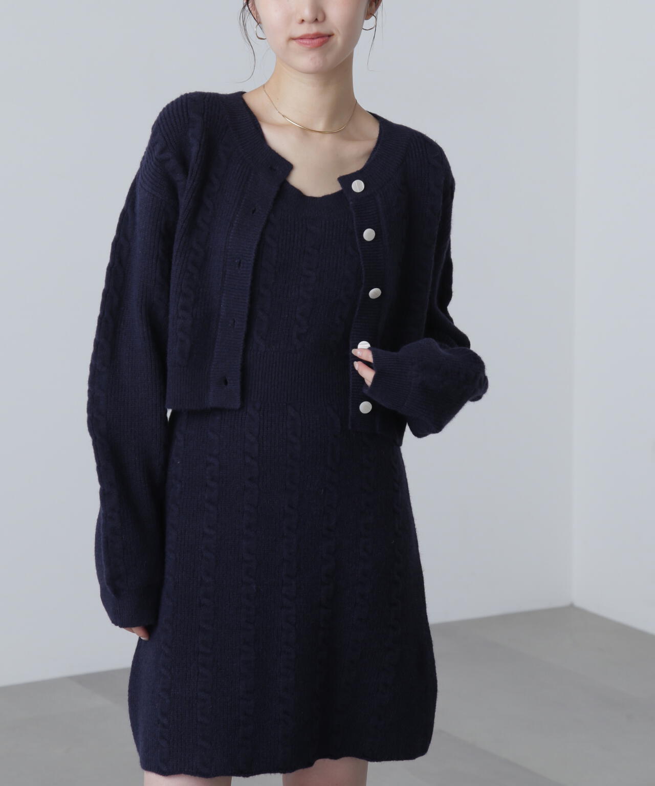 ケーブルニットカーデ×ワンピースセット