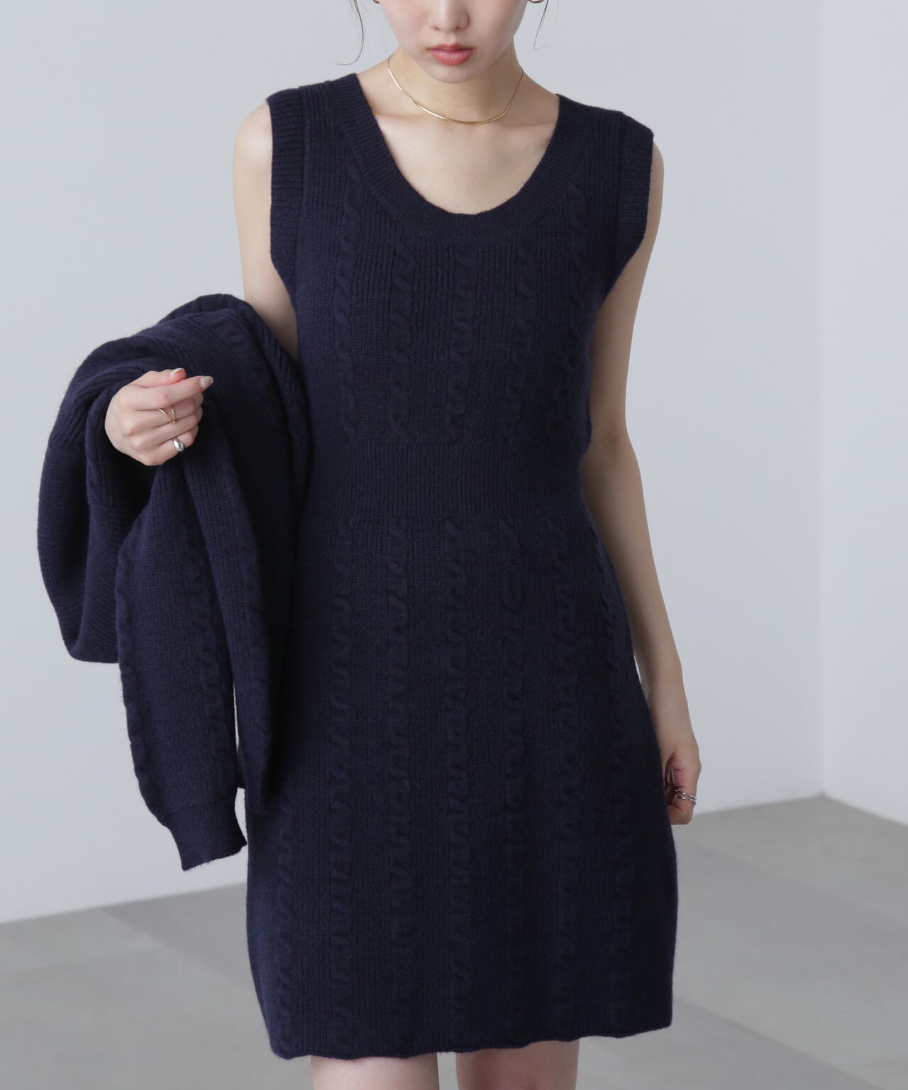 ケーブルニットカーデ×ワンピースセット