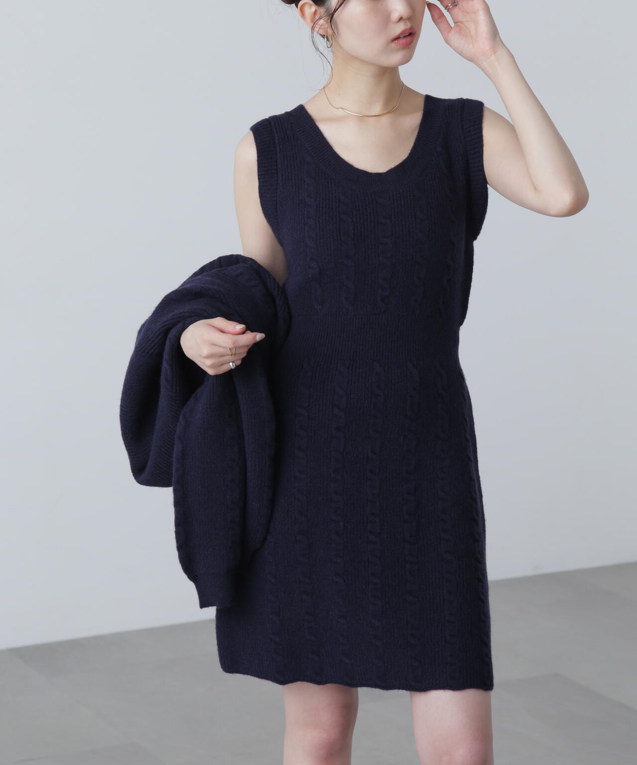 ケーブルニットカーデ×ワンピースセット