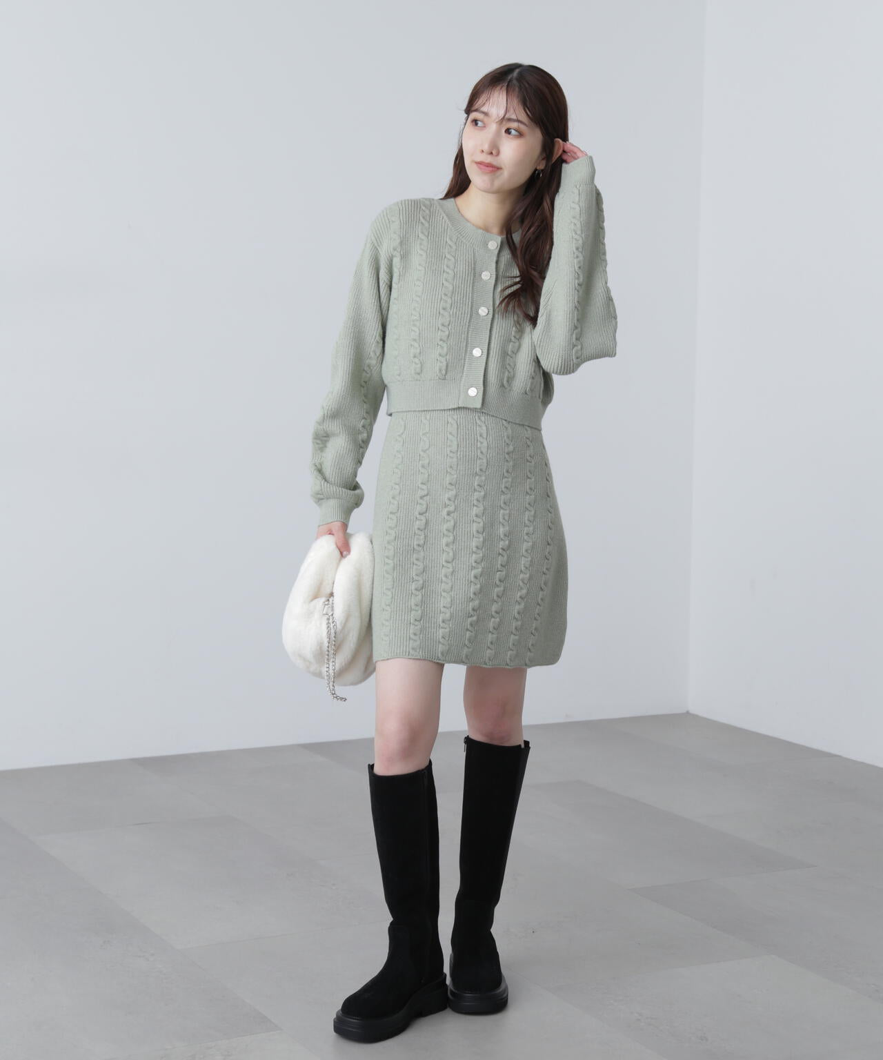 ケーブルニットカーデ×ワンピースセット