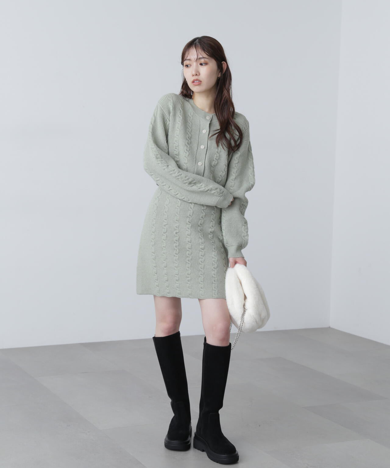 ケーブルニットカーデ×ワンピースセット
