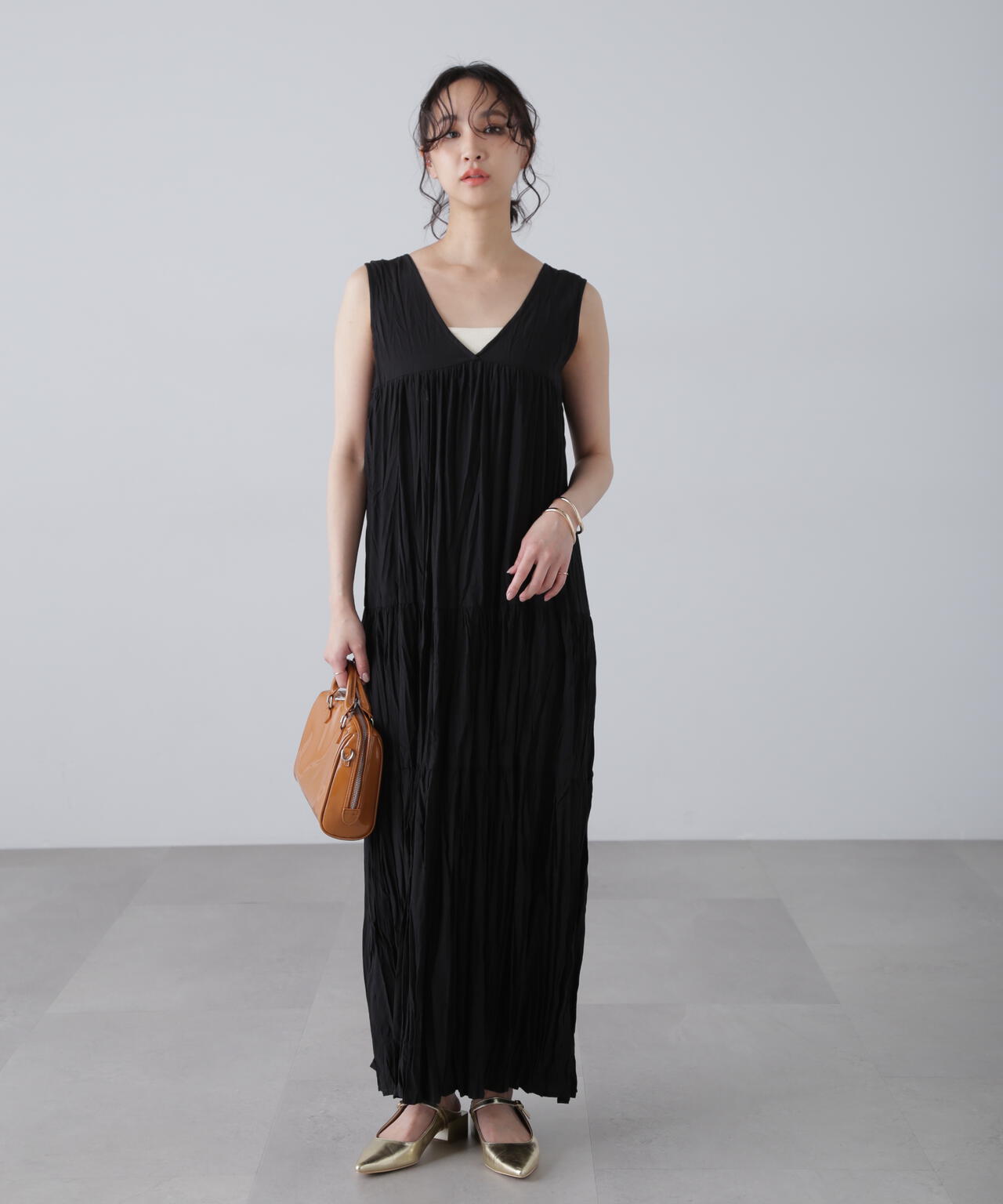 ワッシャーティアードノースリーブワンピース