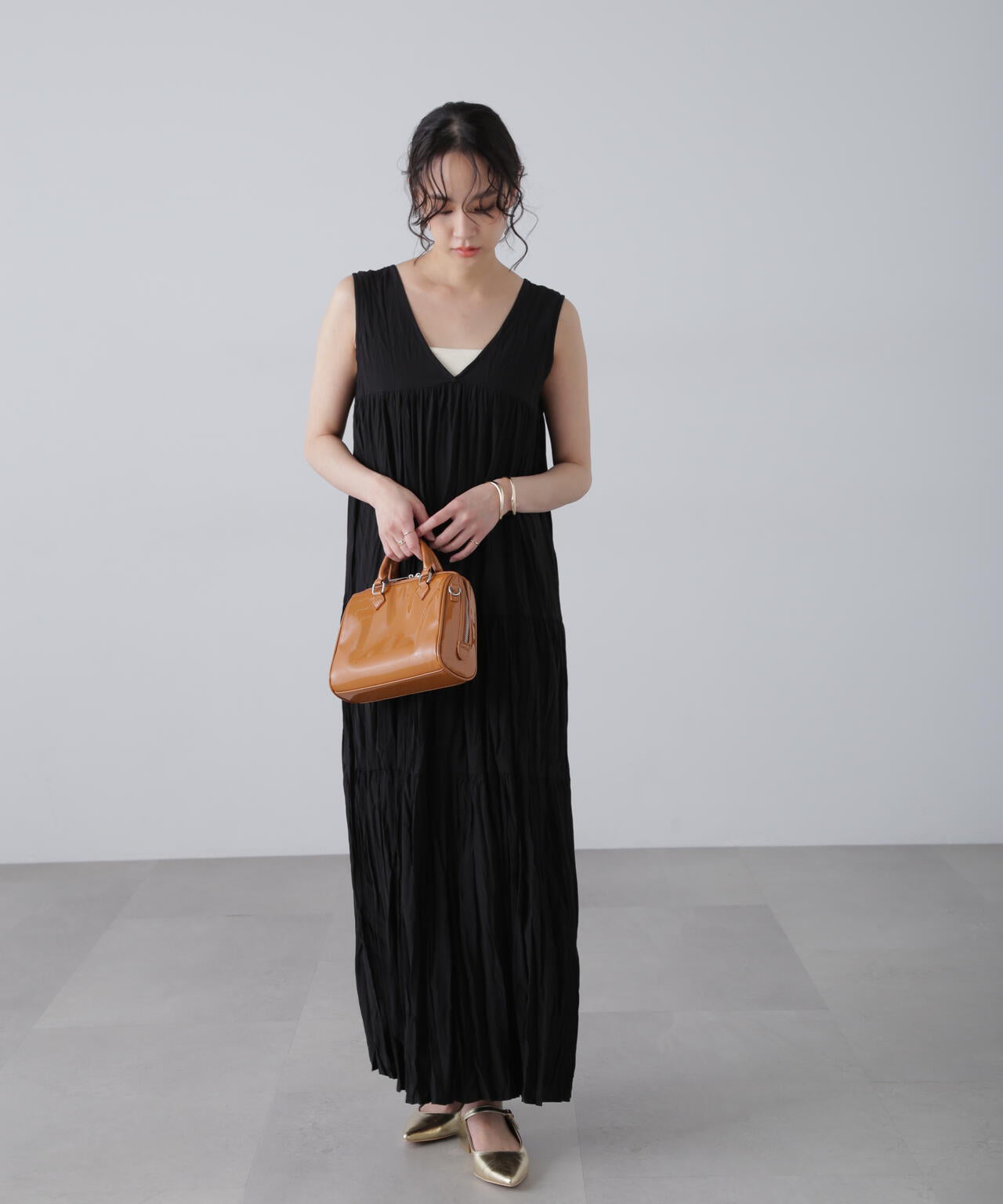 ワッシャーティアードノースリーブワンピース