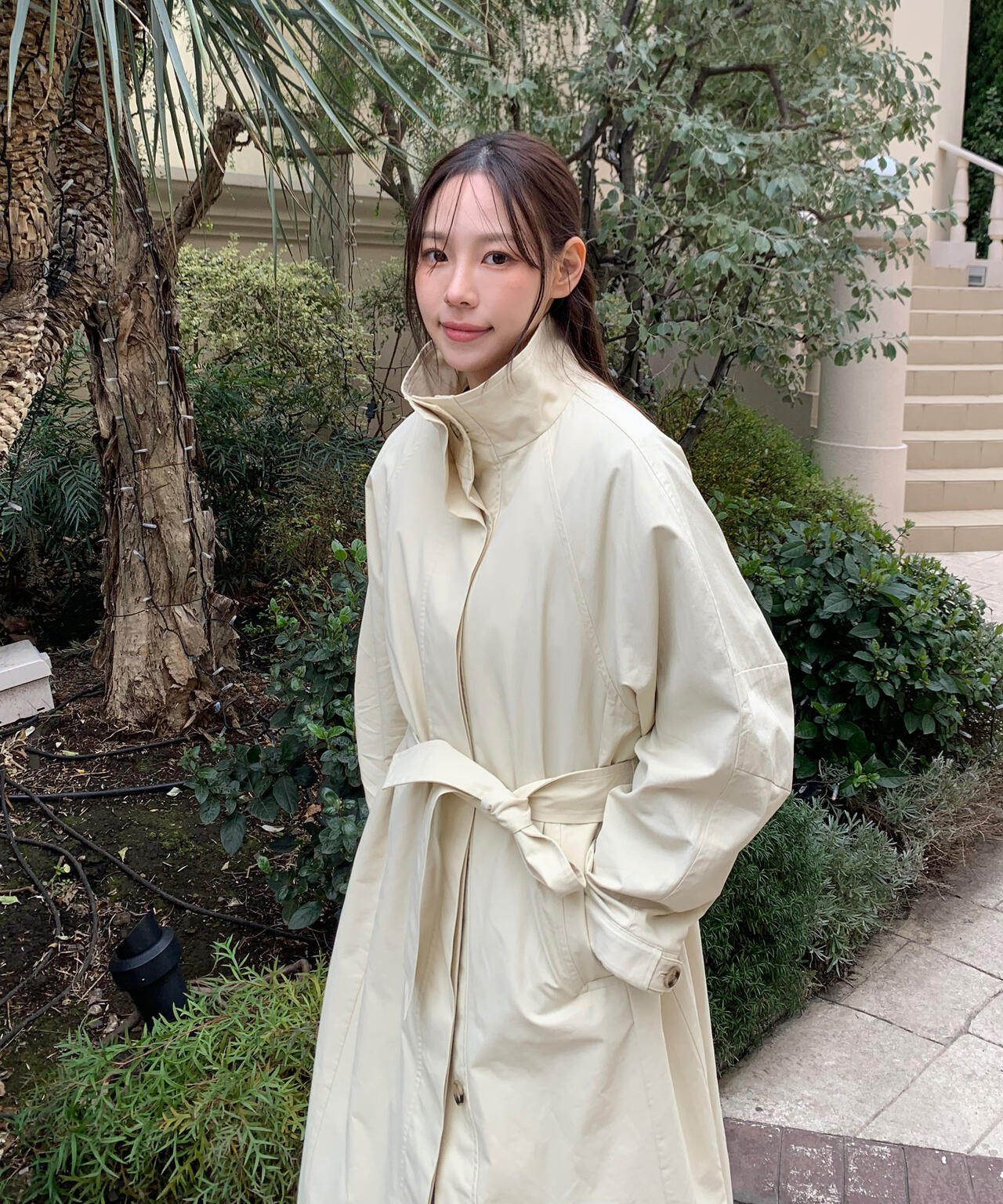 スタンドカラーロングトレンチコート