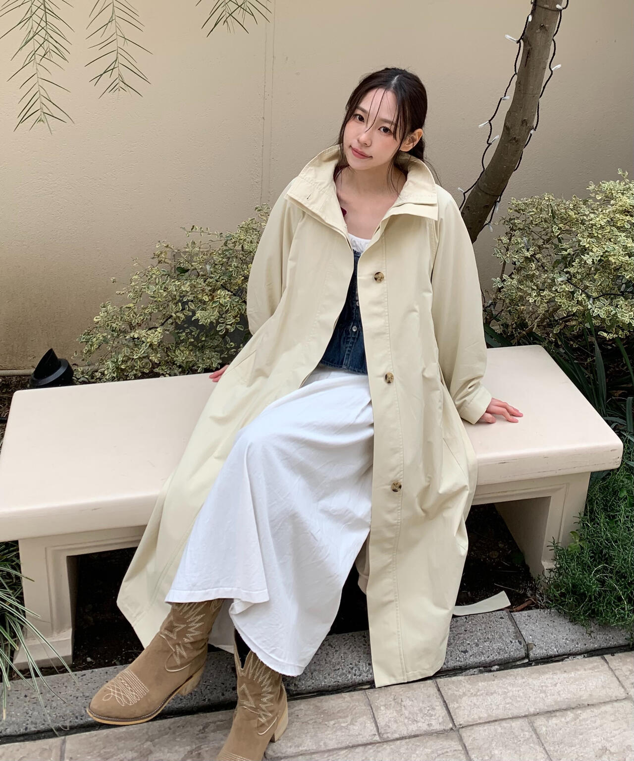 スタンドカラーロングトレンチコート