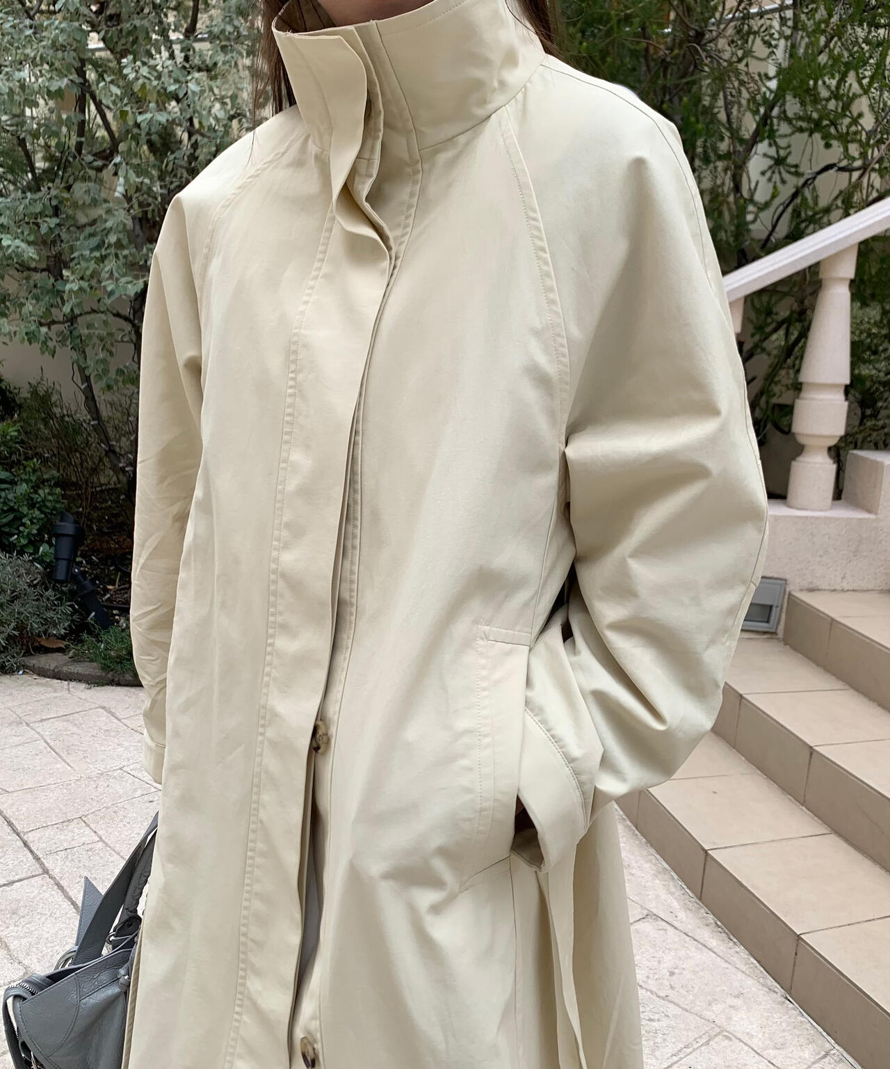 スタンドカラーロングトレンチコート