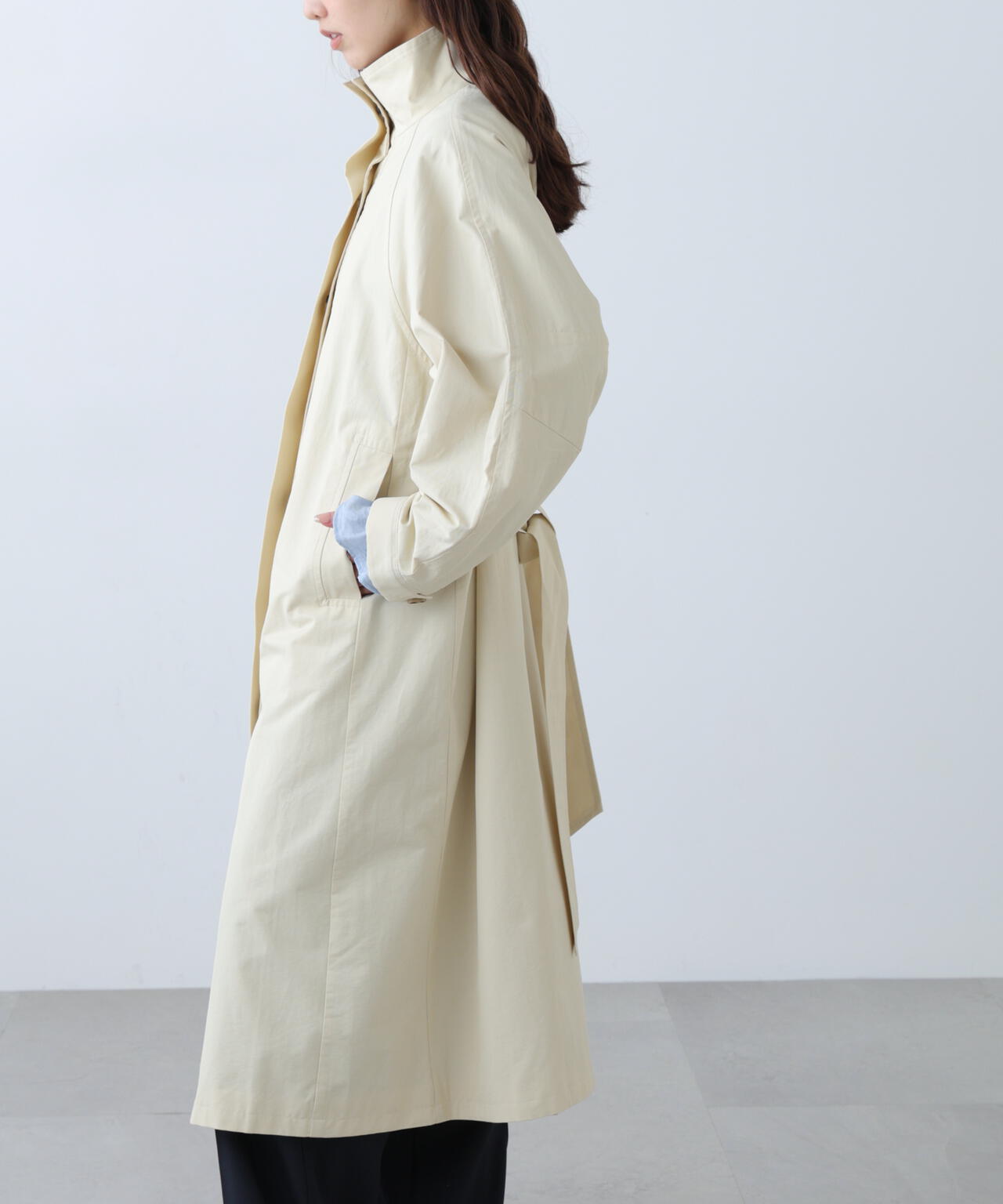 スタンドカラーロングトレンチコート