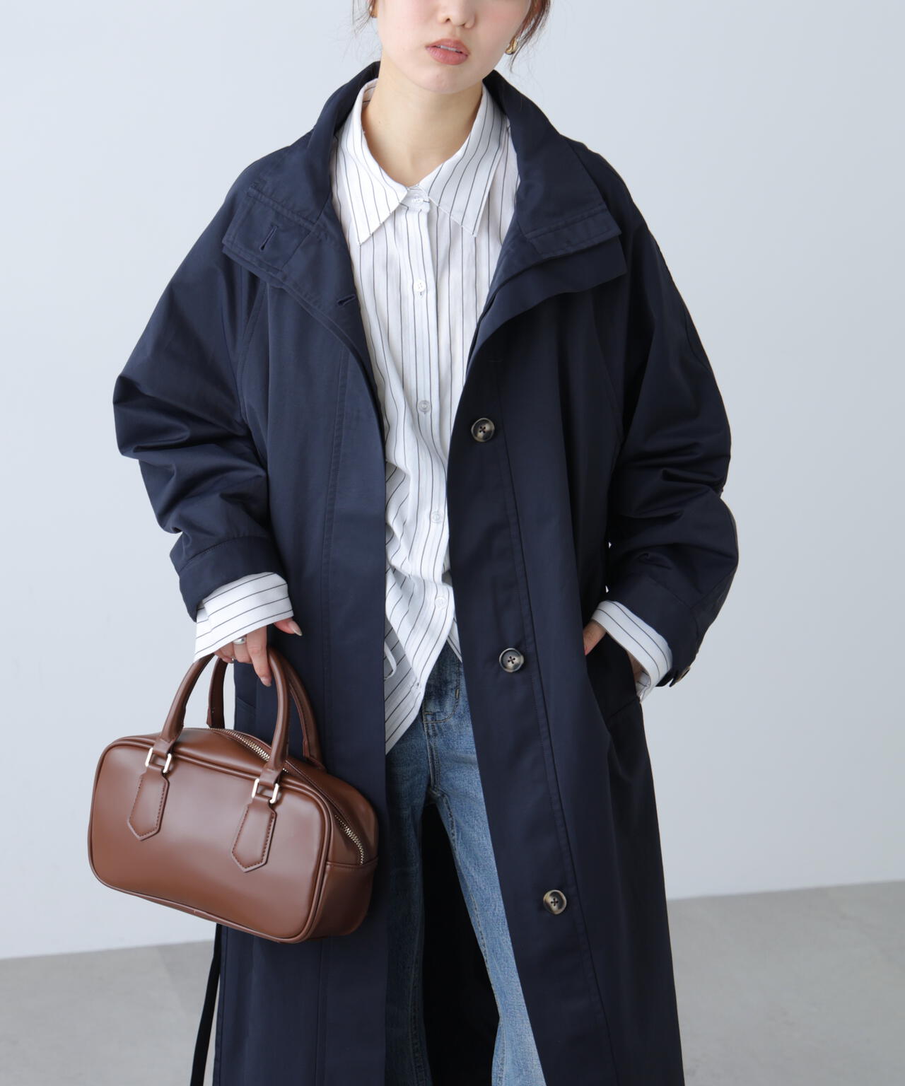 スタンドカラーロングトレンチコート