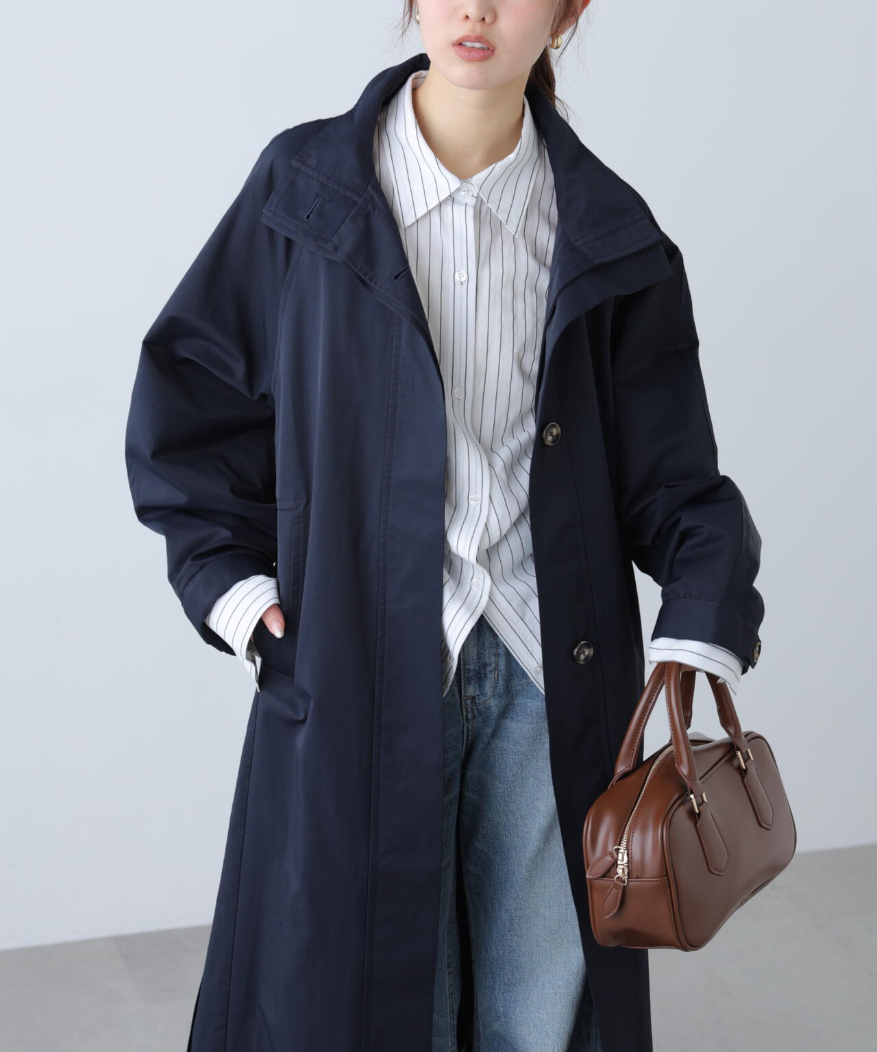 スタンドカラーロングトレンチコート