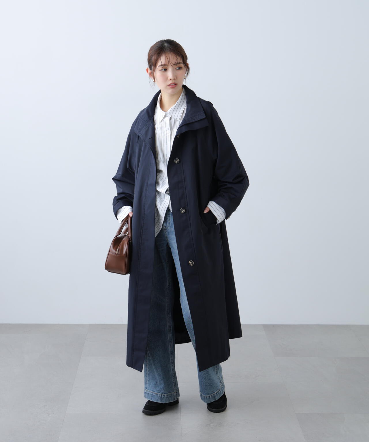 スタンドカラーロングトレンチコート