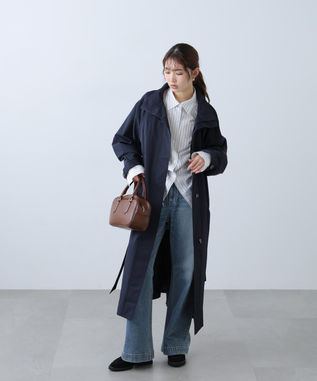 スタンドカラーロングトレンチコート