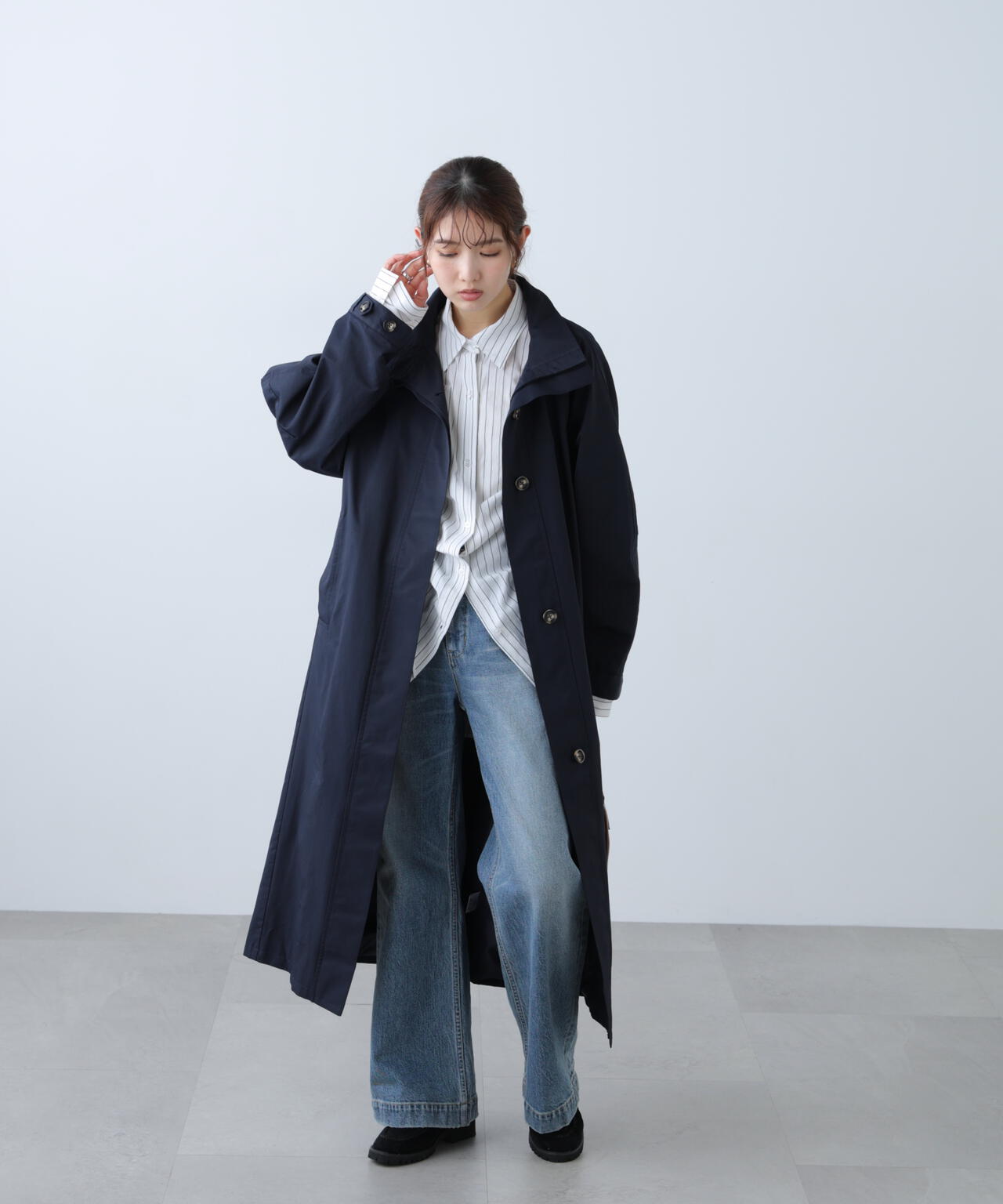 スタンドカラーロングトレンチコート