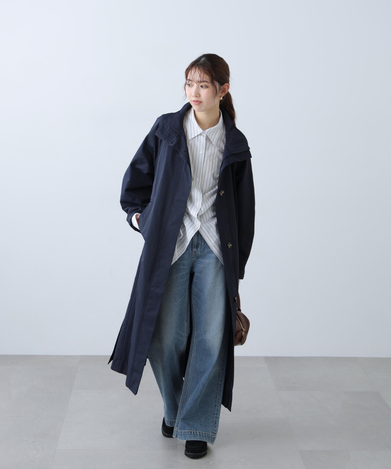 スタンドカラーロングトレンチコート