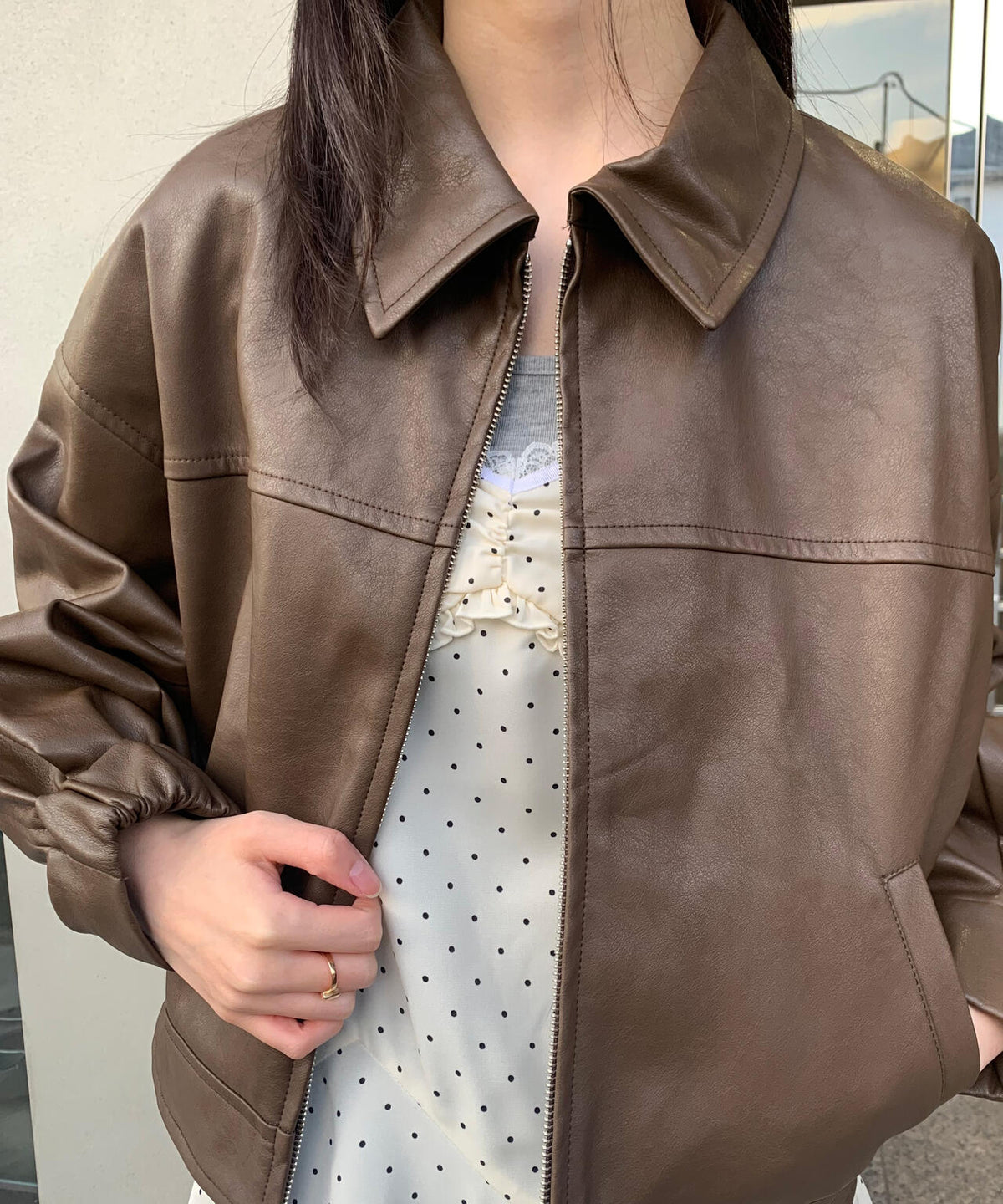 合皮ジップアップブルゾン
