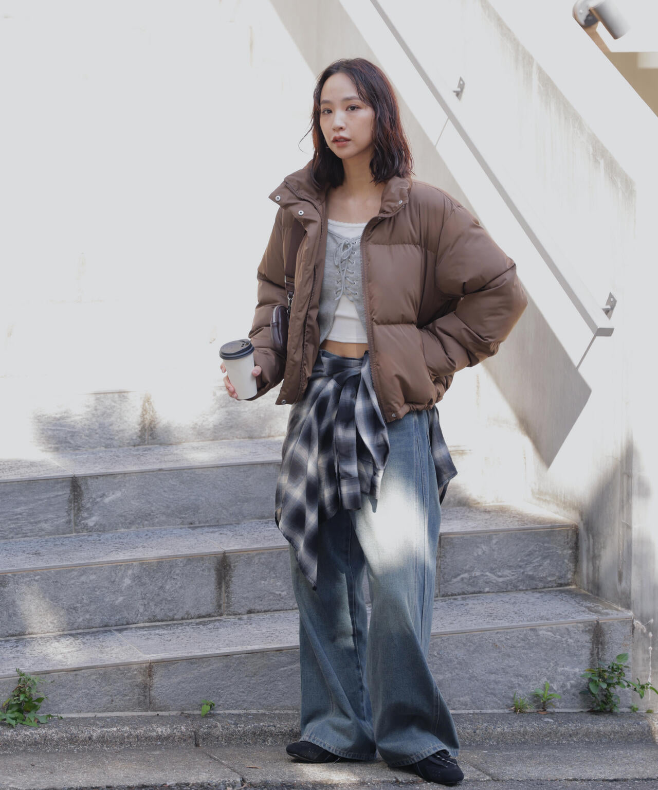 レースアップレイヤード長袖カットソー