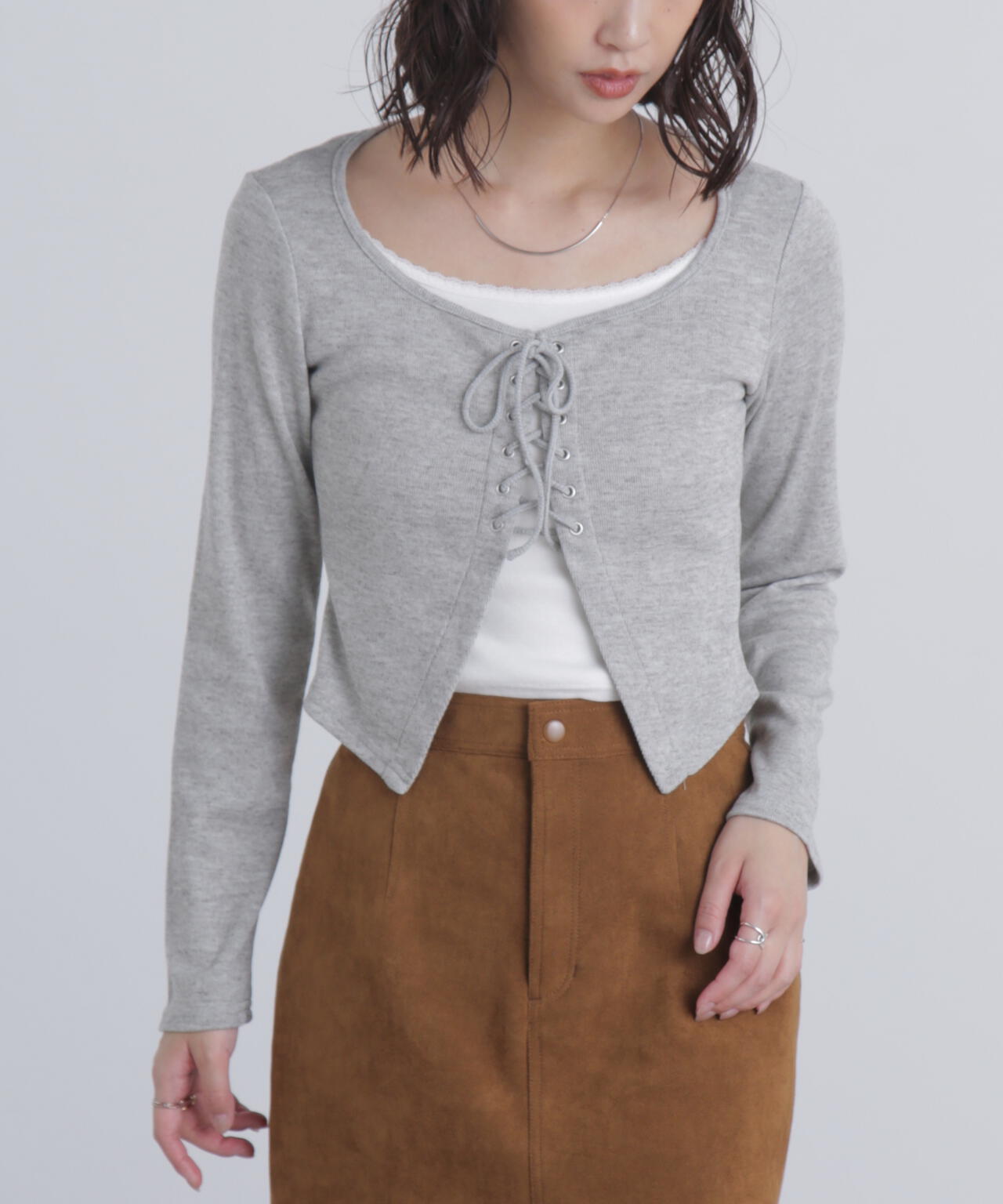 レースアップレイヤード長袖カットソー