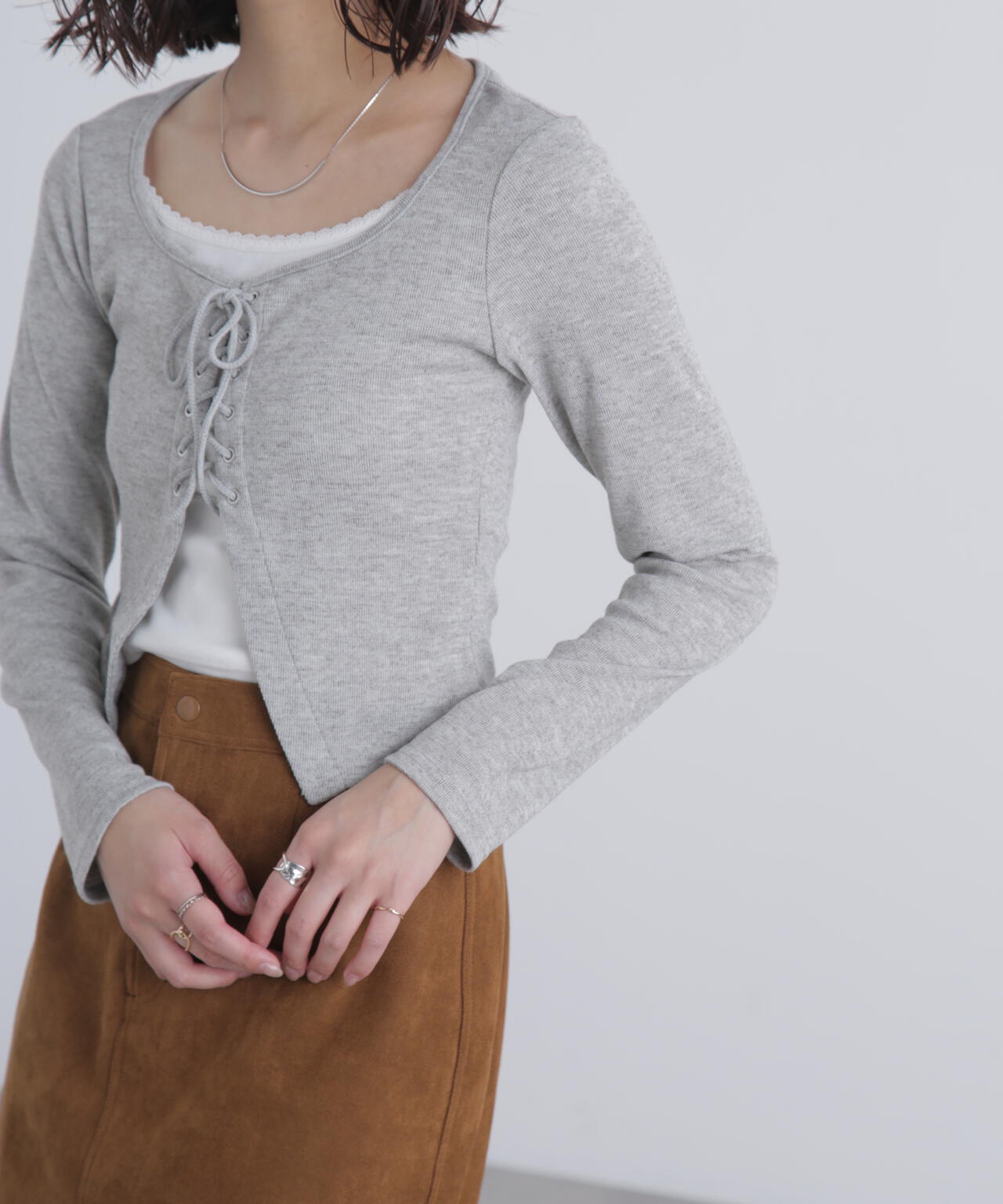 レースアップレイヤード長袖カットソー