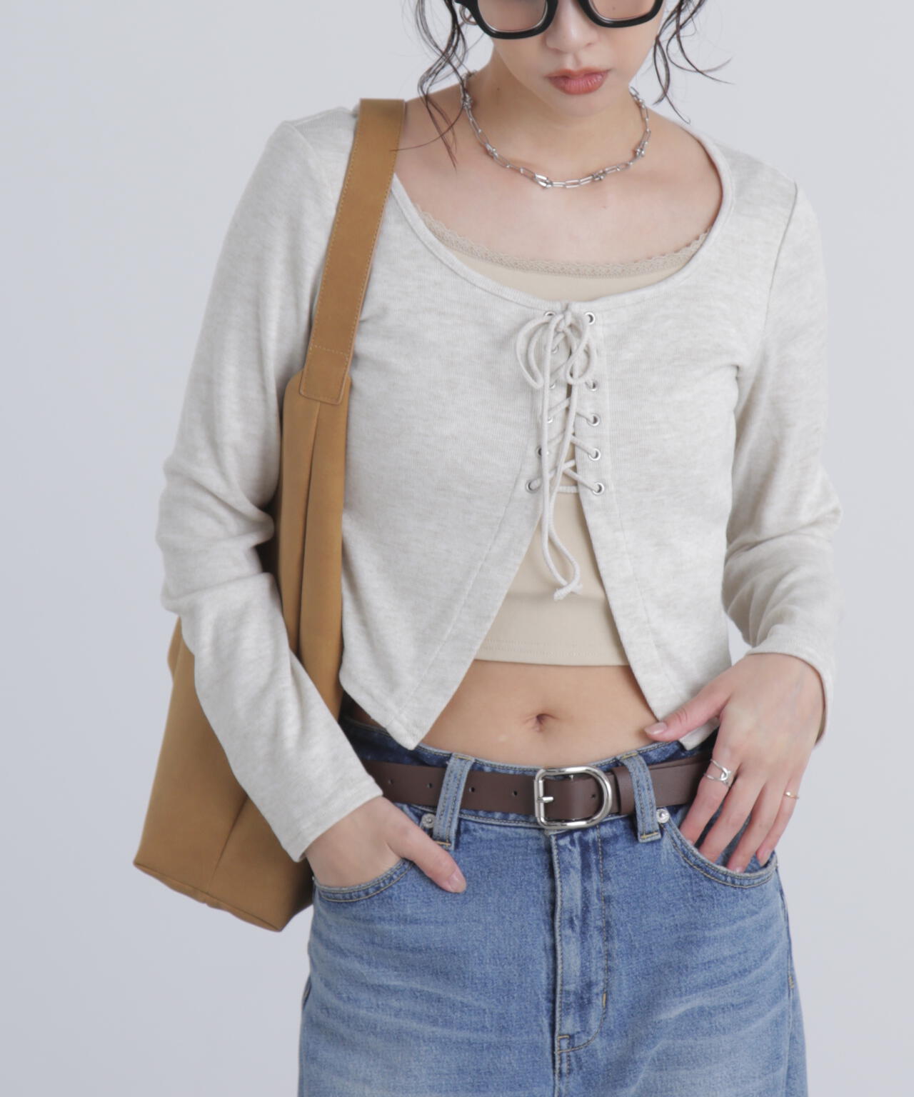 レースアップレイヤード長袖カットソー