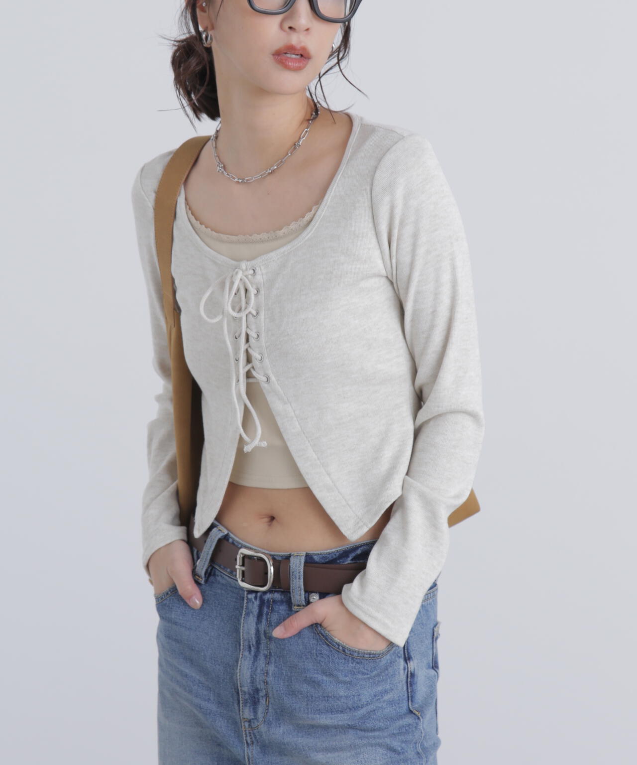 レースアップレイヤード長袖カットソー