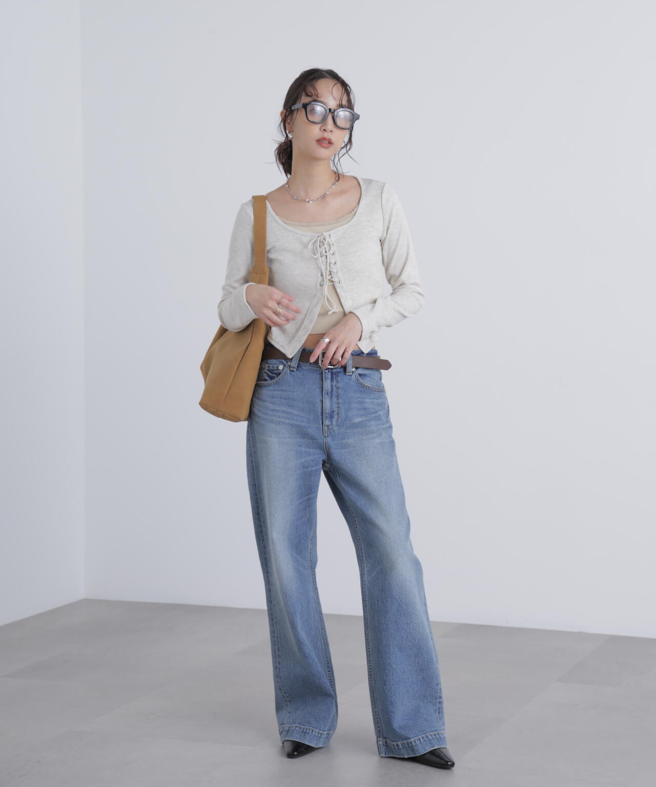 レースアップレイヤード長袖カットソー