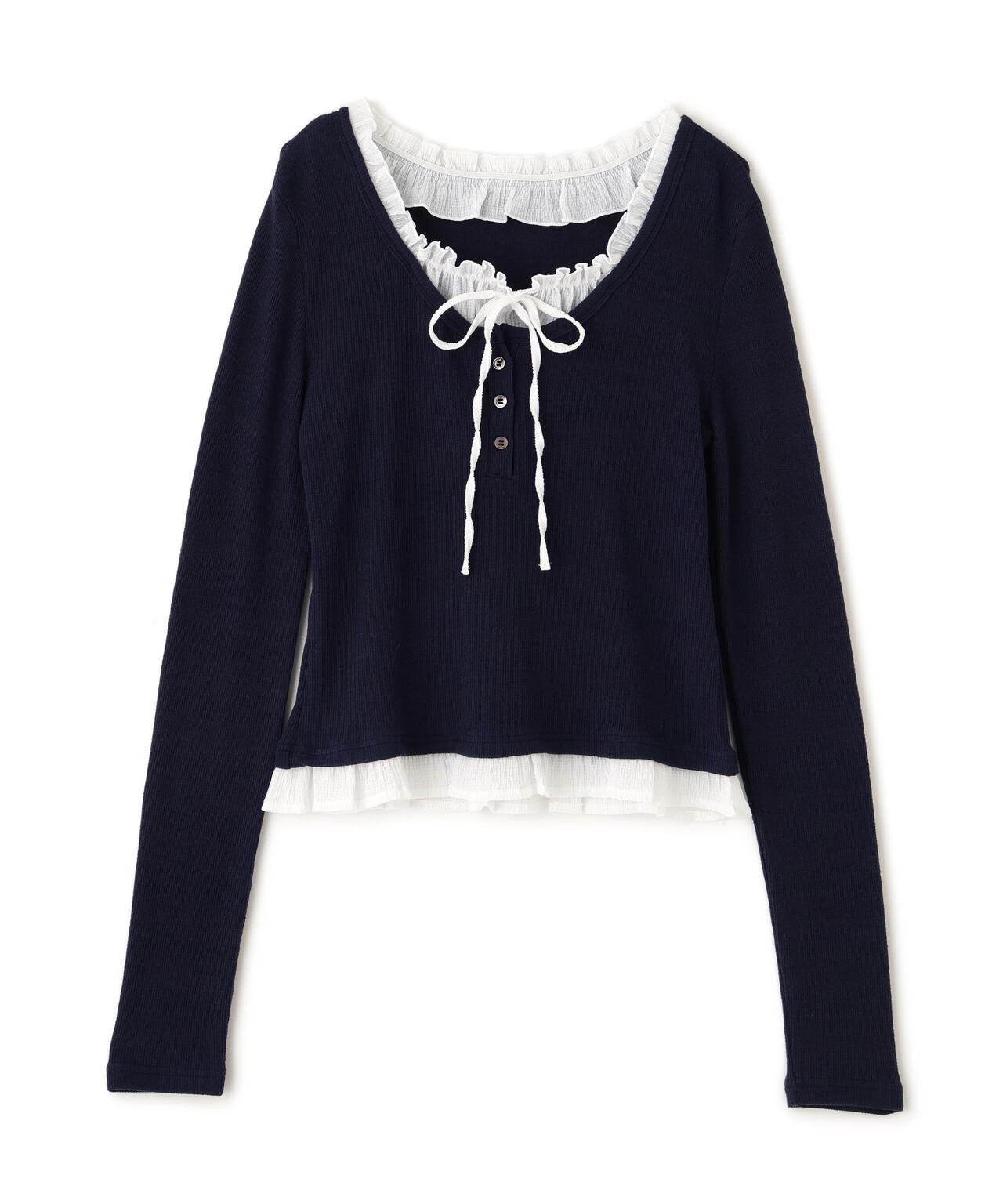 レイヤード風フリルリボンカットソー