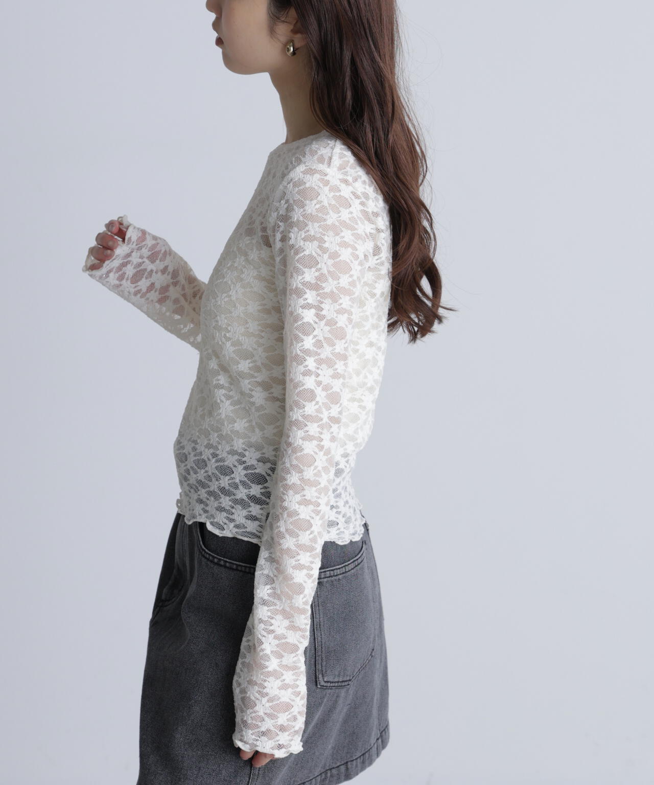 長袖レースカットソー