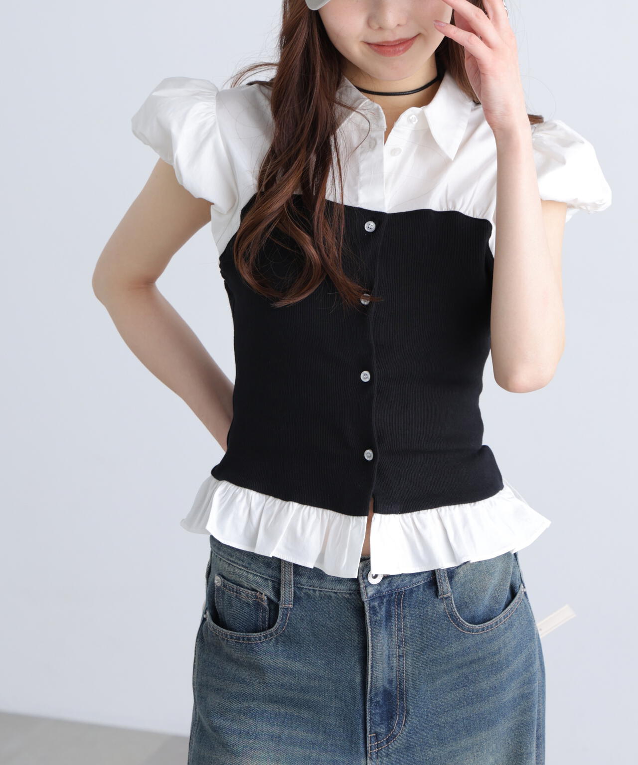 ビスチェドッキングパフスリーブ半袖ブラウス