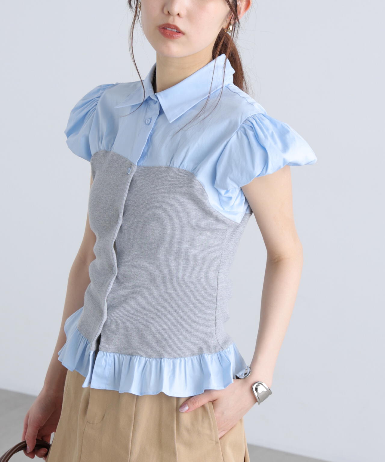ビスチェドッキングパフスリーブ半袖ブラウス