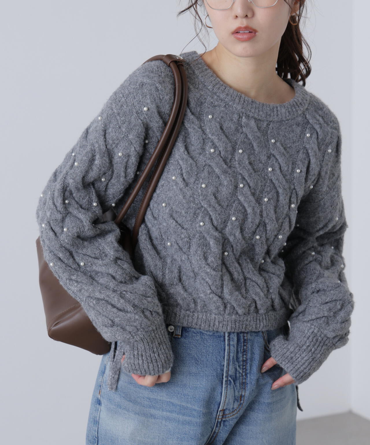 【レッド 追加生産予約】ウエストゴムパールミックスケーブルドロストニット