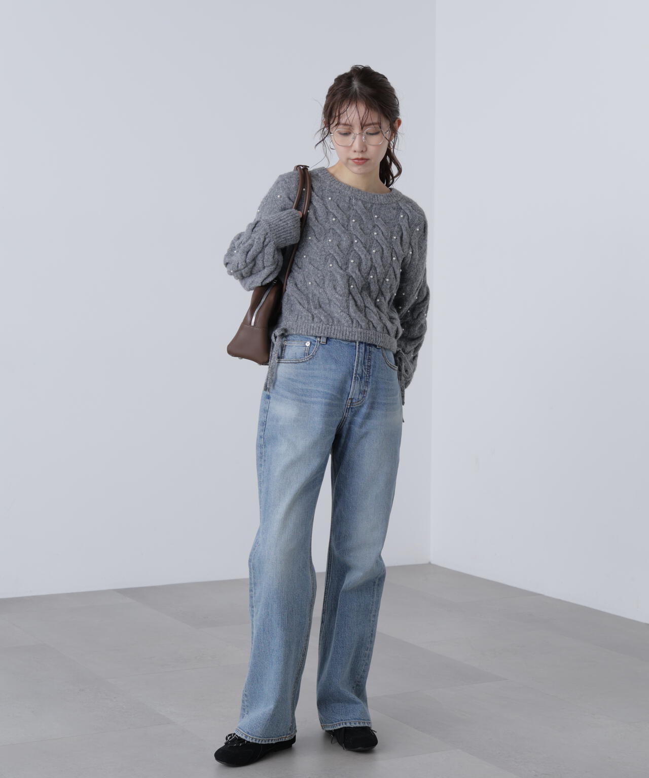 【レッド 追加生産予約】ウエストゴムパールミックスケーブルドロストニット