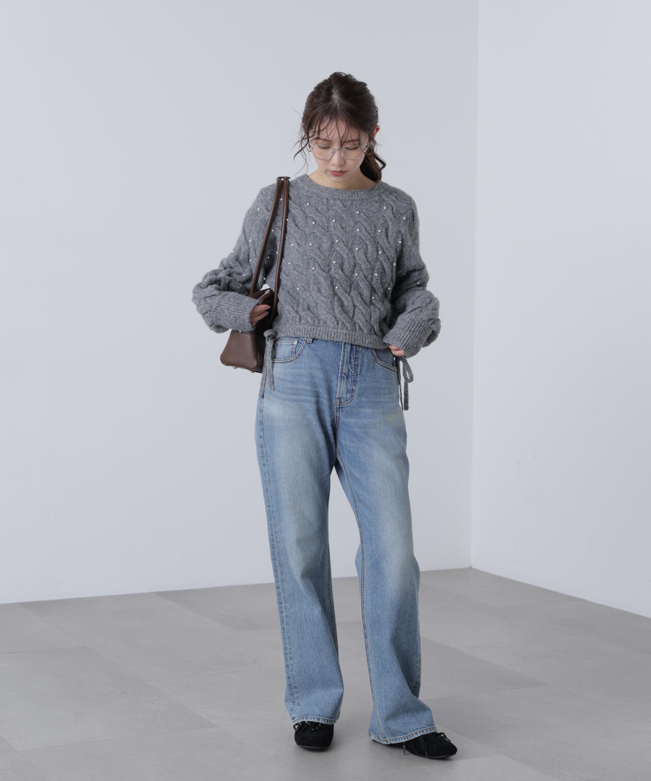 【レッド 追加生産予約】ウエストゴムパールミックスケーブルドロストニット