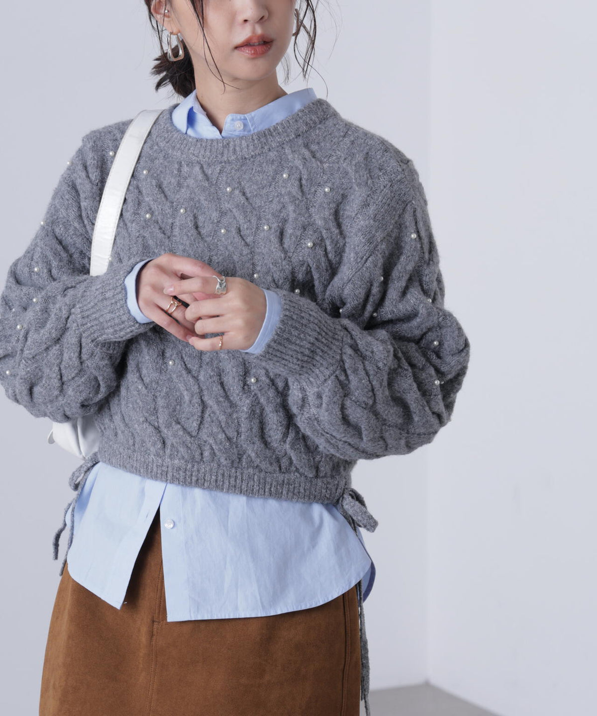 ウエストゴムパールミックスケーブルドロストニット