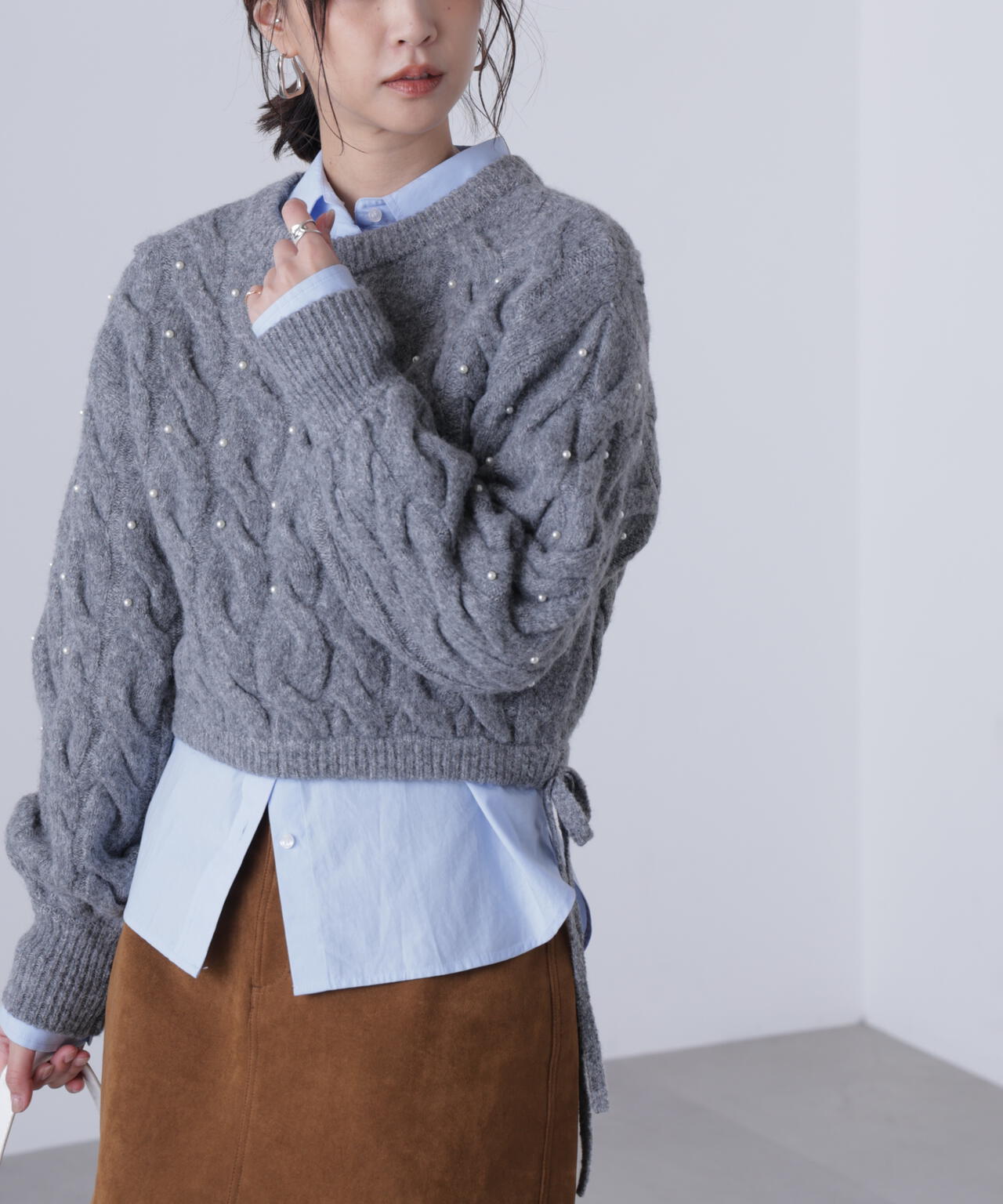 【レッド 追加生産予約】ウエストゴムパールミックスケーブルドロストニット