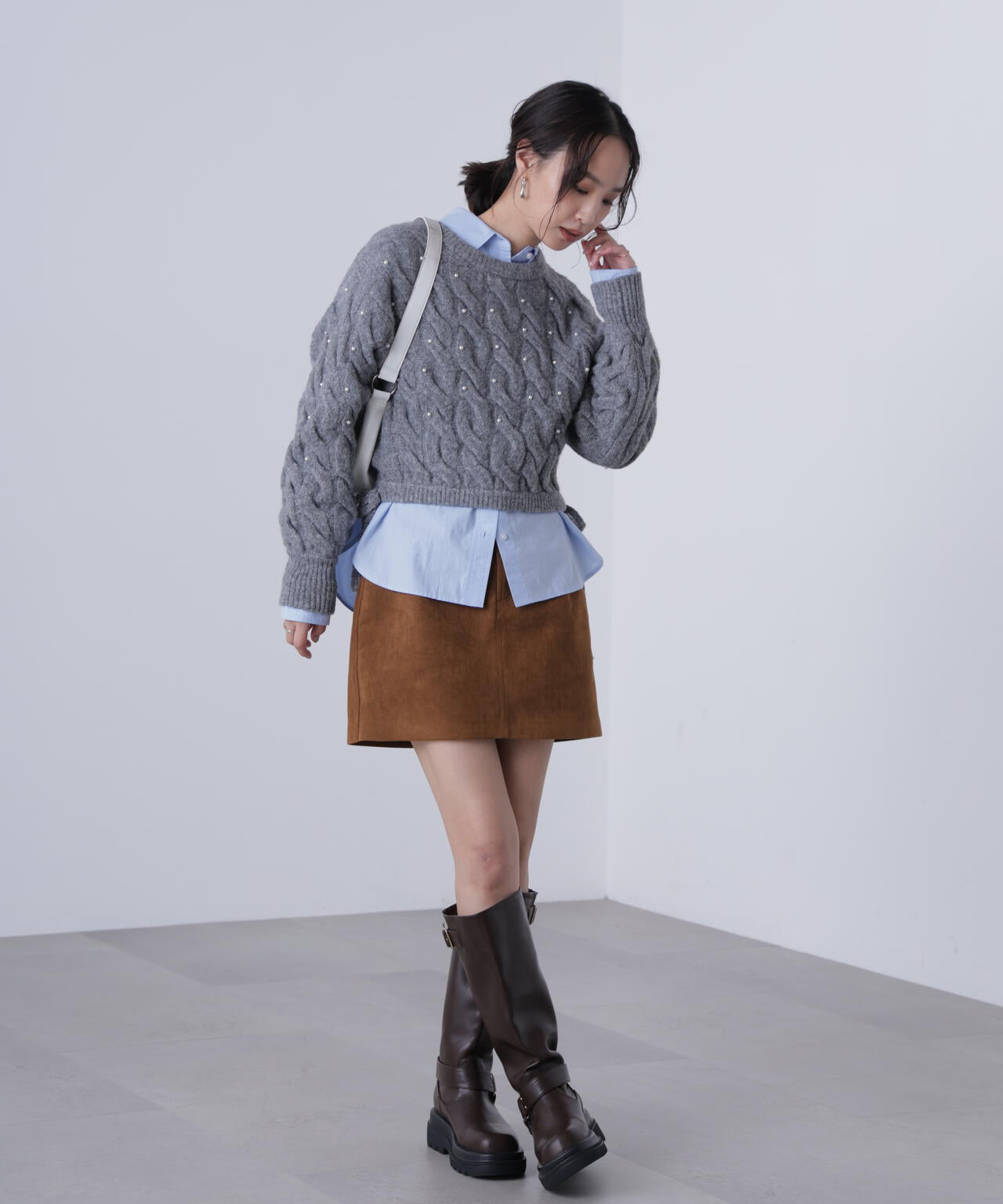 【レッド 追加生産予約】ウエストゴムパールミックスケーブルドロストニット