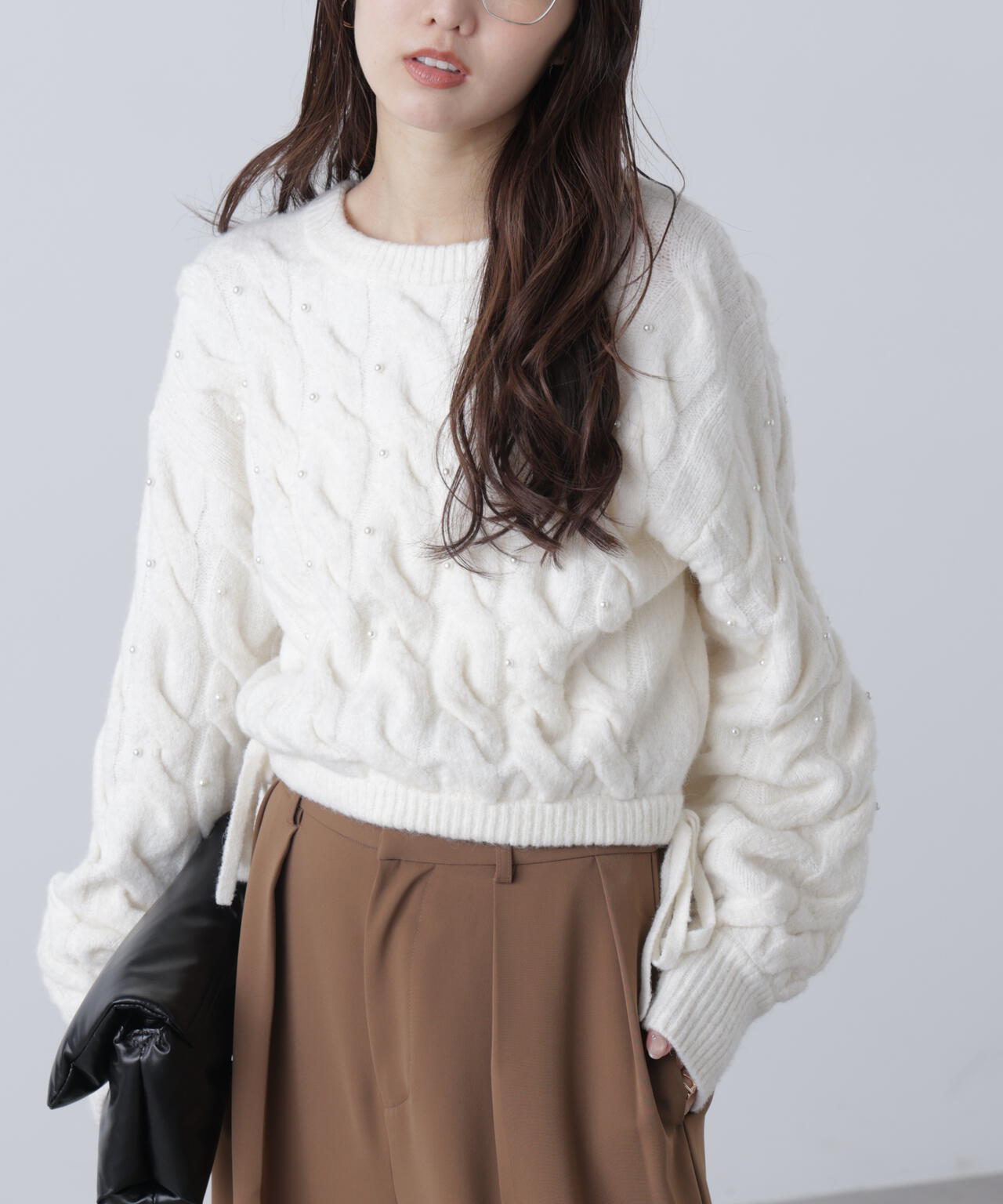 【レッド 追加生産予約】ウエストゴムパールミックスケーブルドロストニット