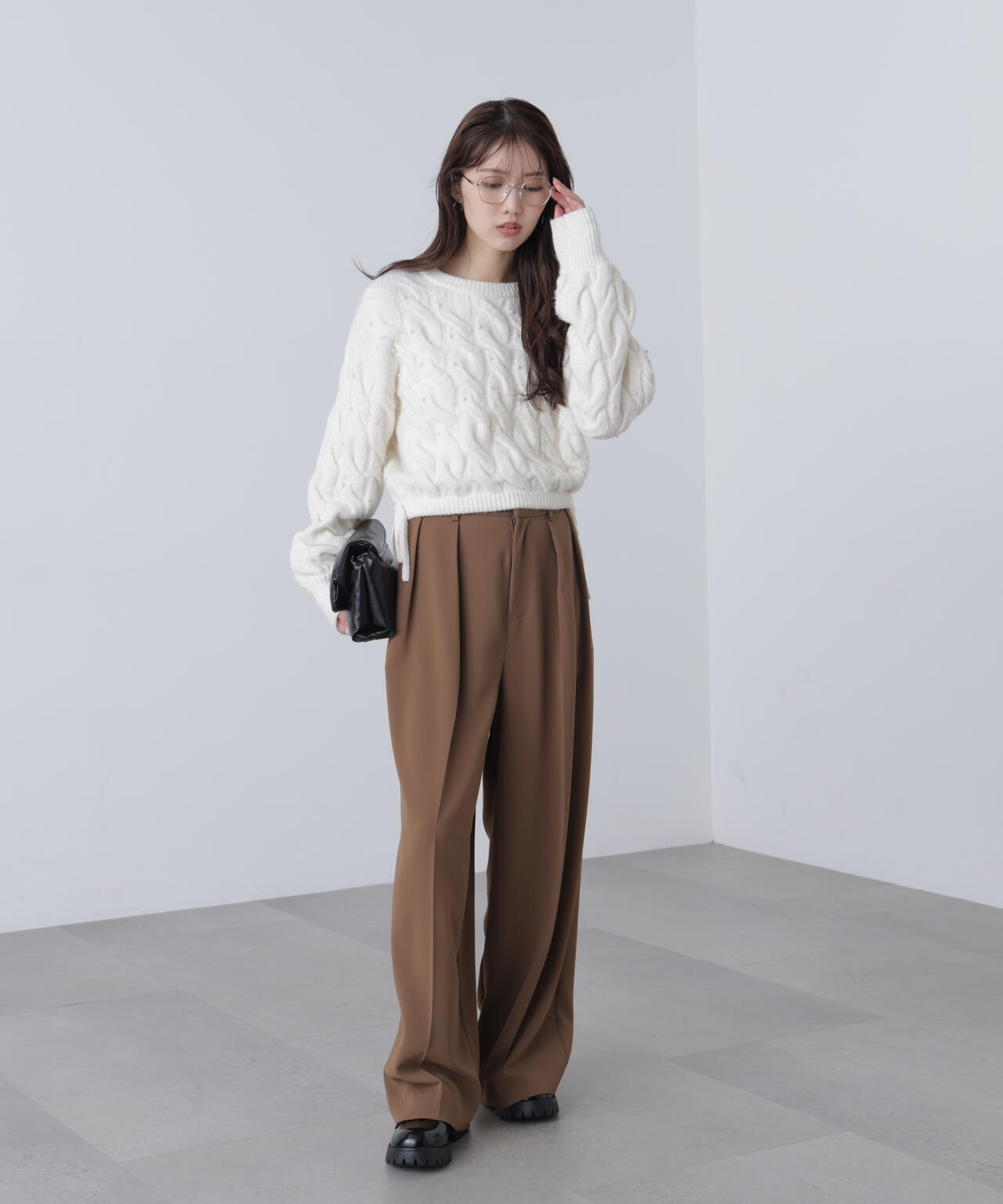 【レッド 追加生産予約】ウエストゴムパールミックスケーブルドロストニット