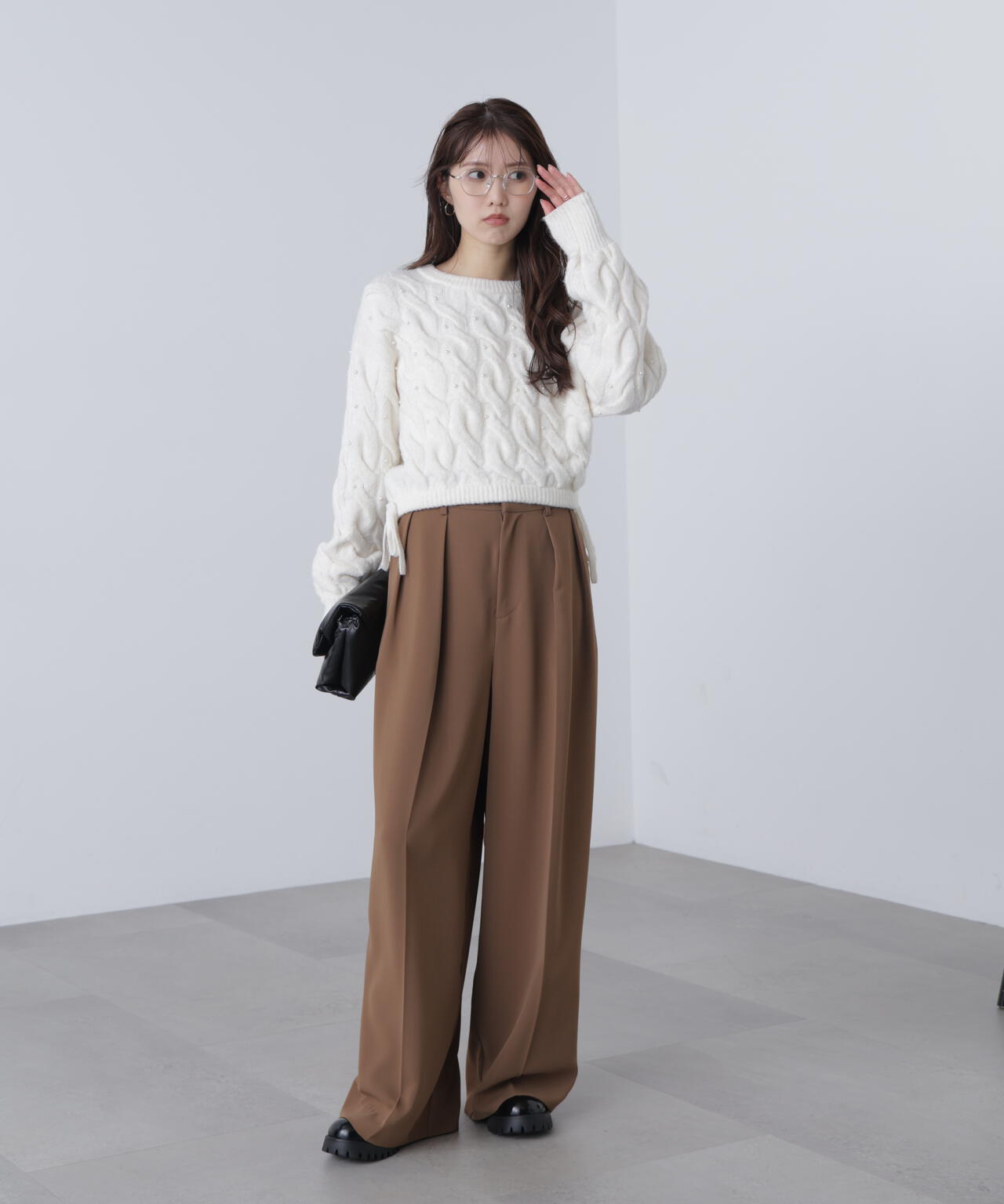 【レッド 追加生産予約】ウエストゴムパールミックスケーブルドロストニット