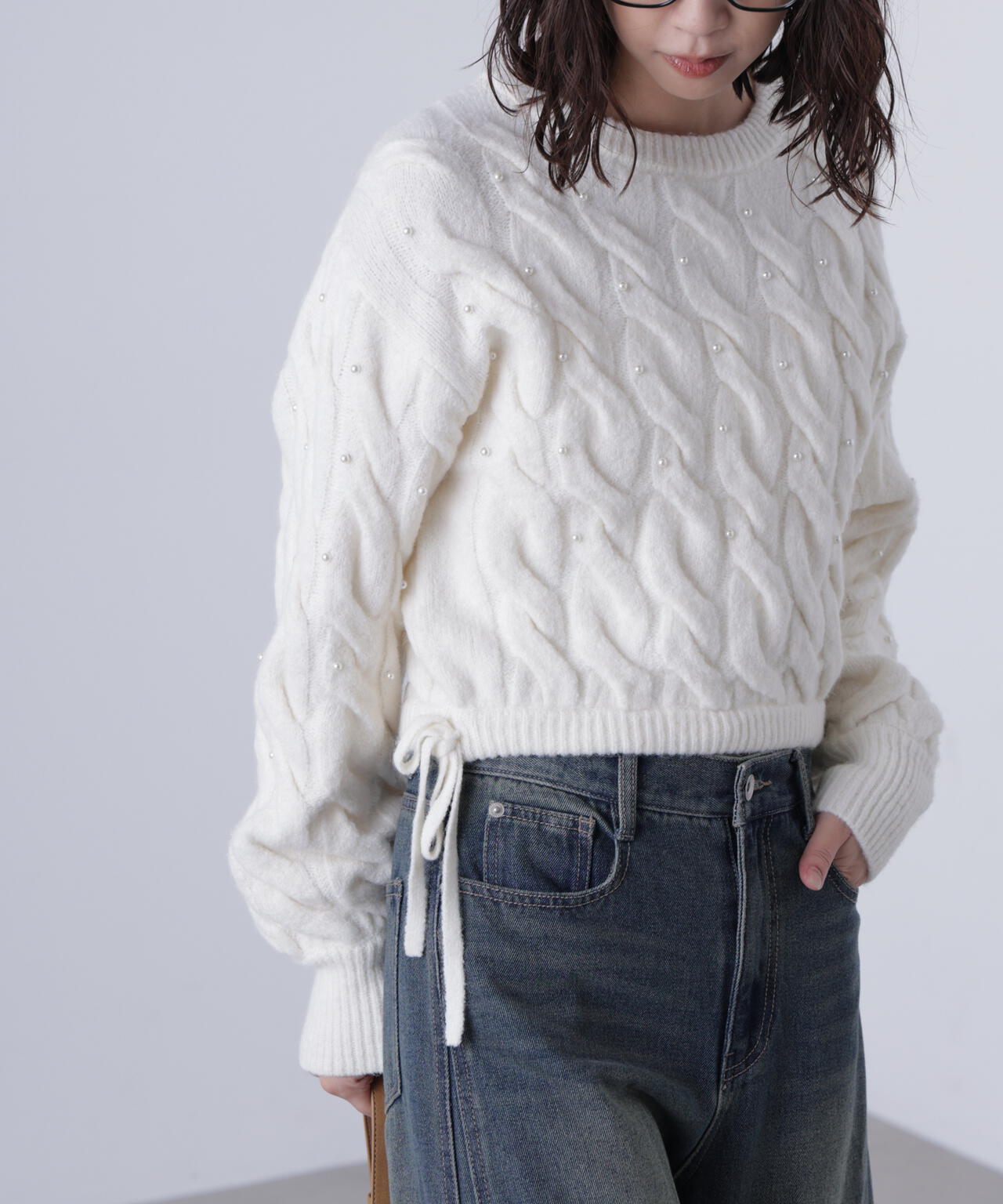 【レッド 追加生産予約】ウエストゴムパールミックスケーブルドロストニット