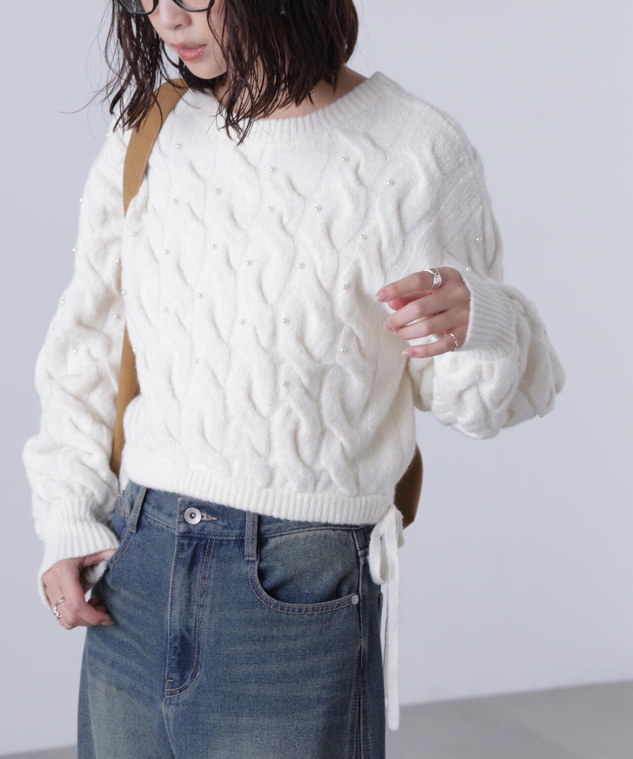 【レッド 追加生産予約】ウエストゴムパールミックスケーブルドロストニット