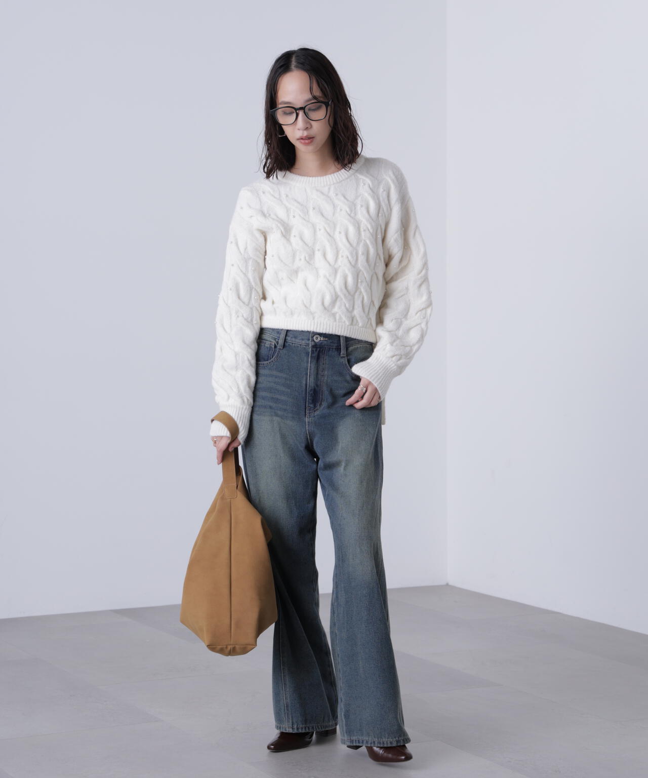 【レッド 追加生産予約】ウエストゴムパールミックスケーブルドロストニット