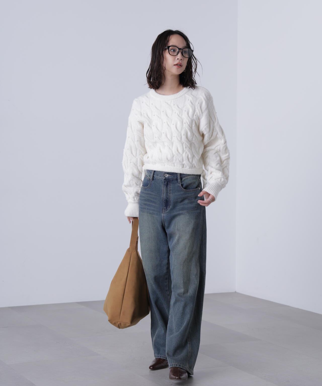 【レッド 追加生産予約】ウエストゴムパールミックスケーブルドロストニット