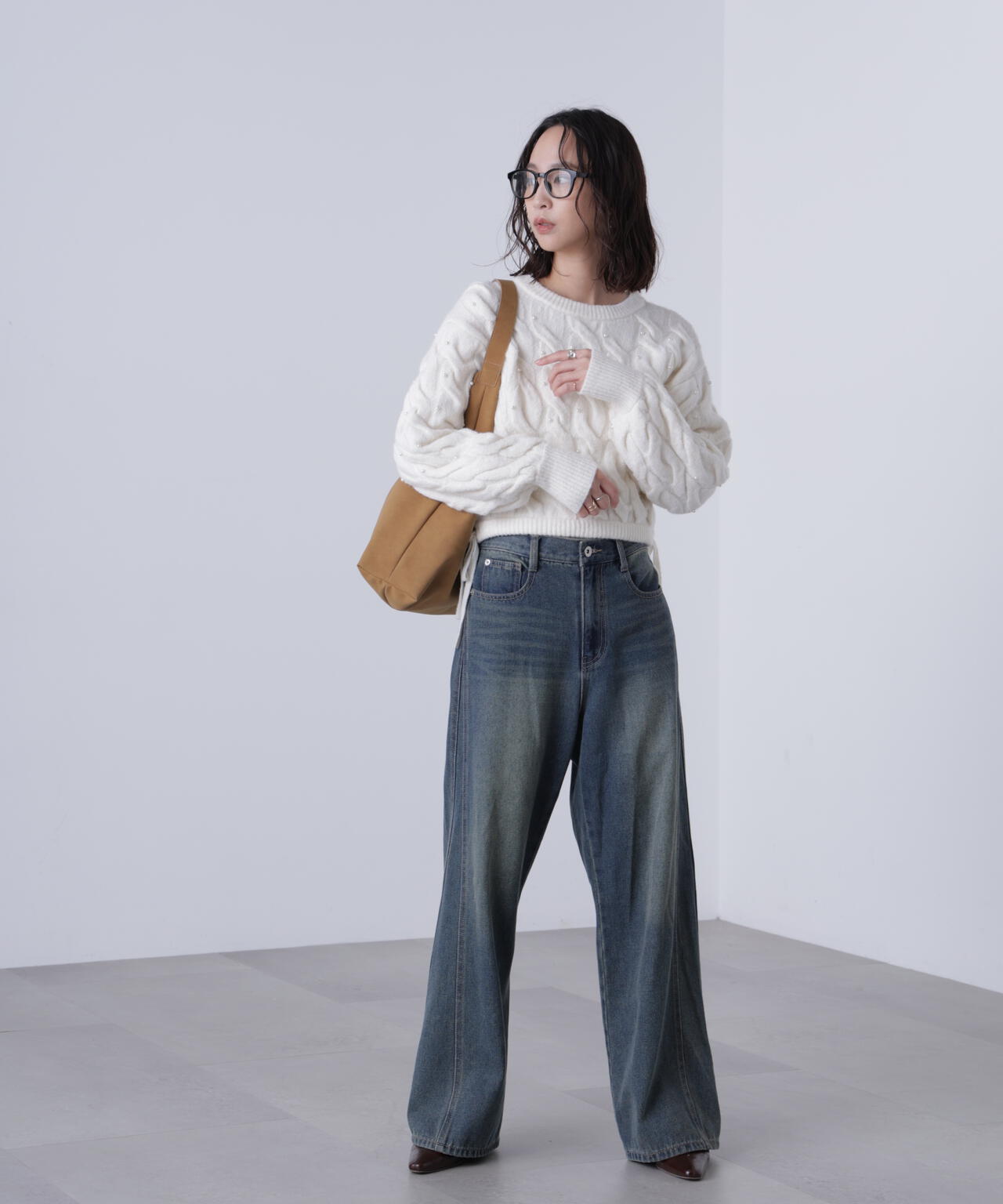 【レッド 追加生産予約】ウエストゴムパールミックスケーブルドロストニット