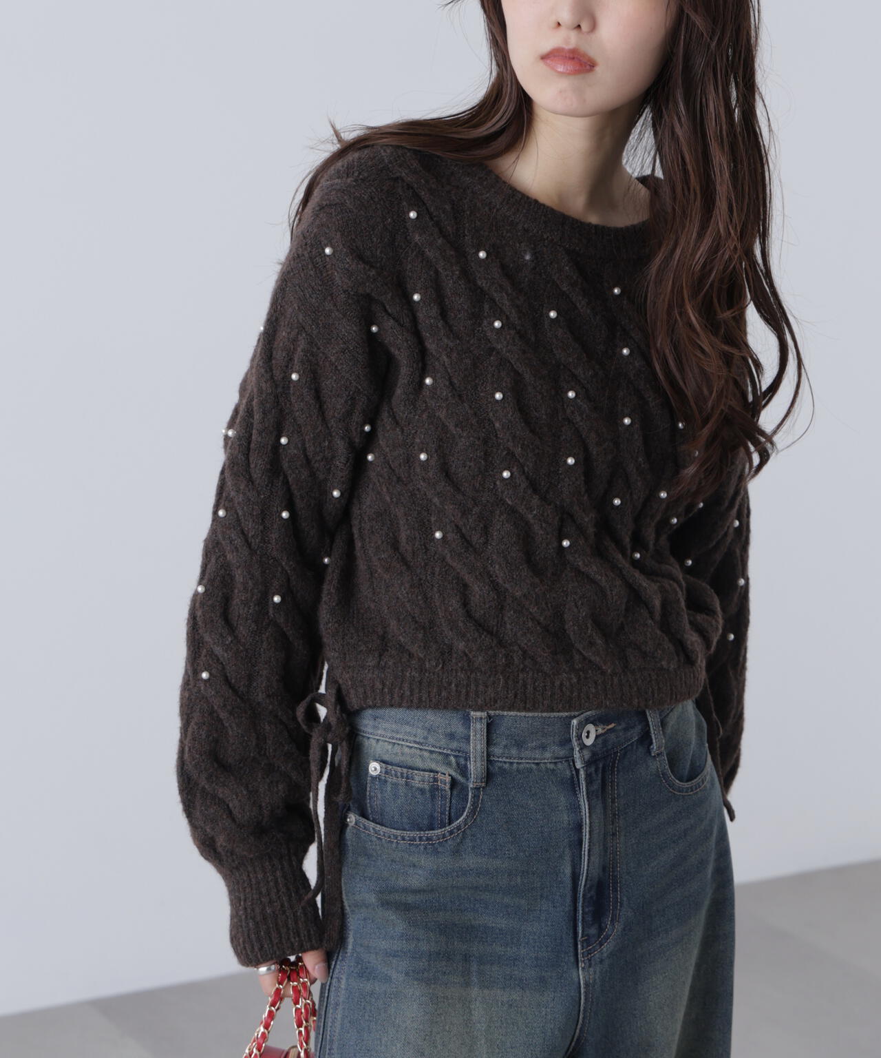 【レッド 追加生産予約】ウエストゴムパールミックスケーブルドロストニット