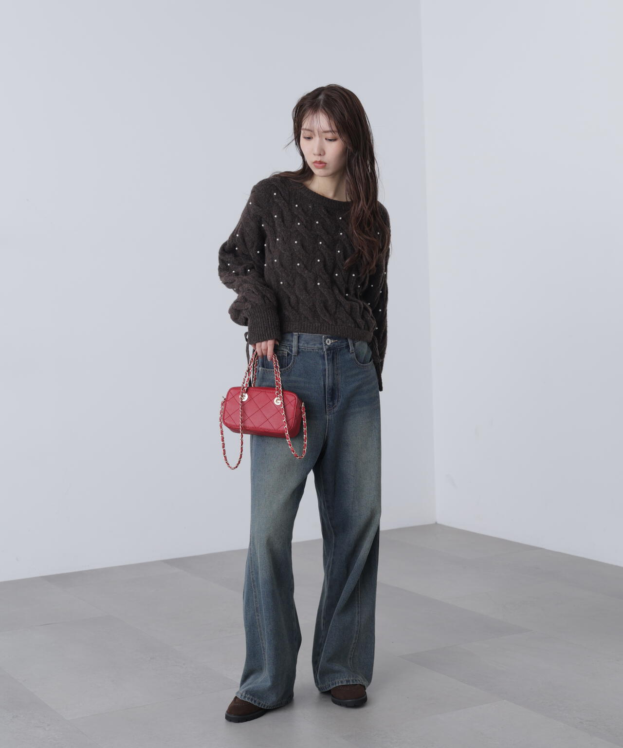 【レッド 追加生産予約】ウエストゴムパールミックスケーブルドロストニット