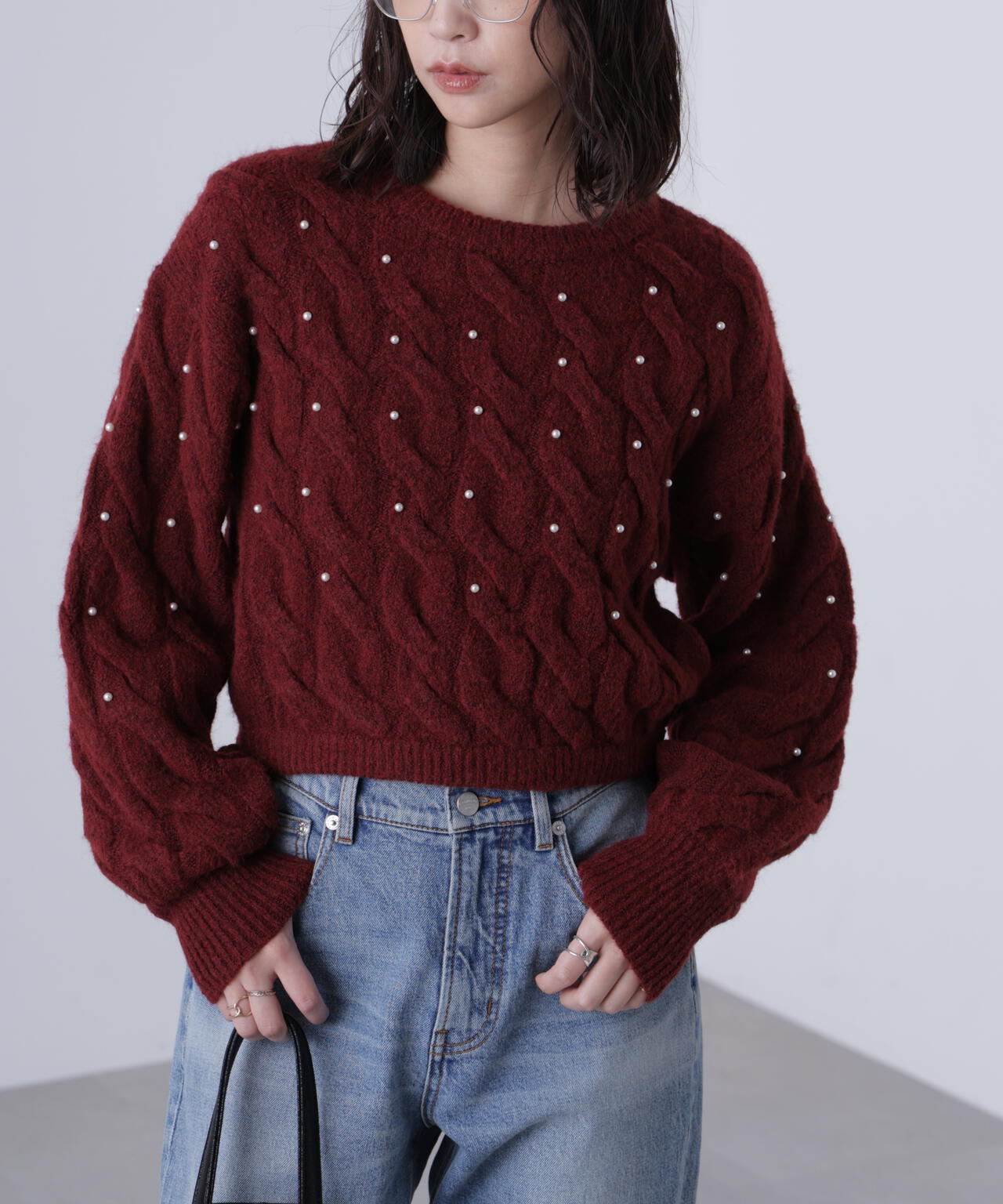 【レッド 追加生産予約】ウエストゴムパールミックスケーブルドロストニット