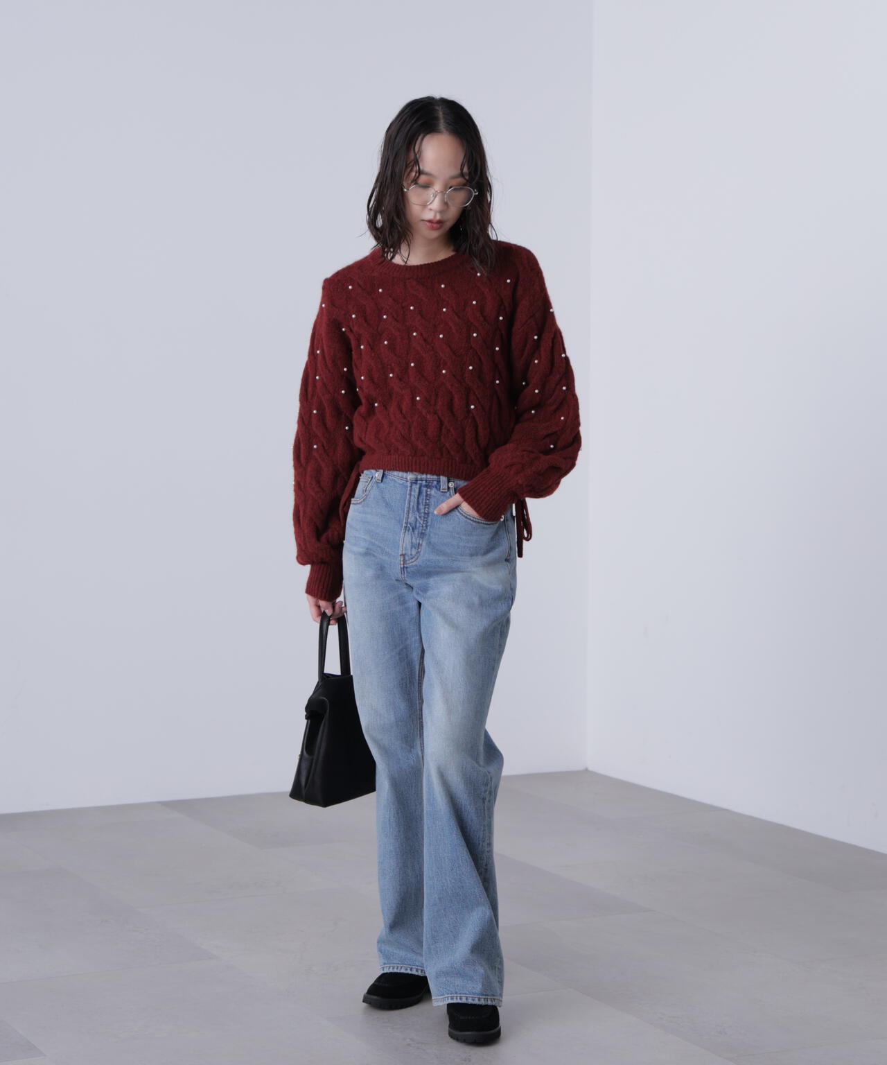 【レッド 追加生産予約】ウエストゴムパールミックスケーブルドロストニット