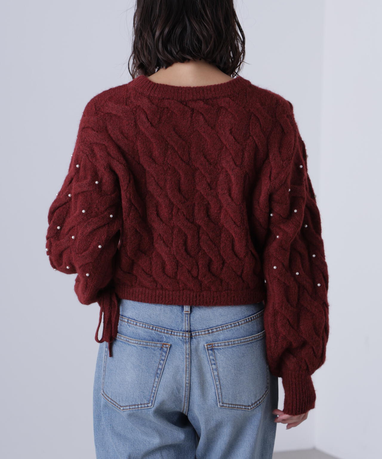 【レッド 追加生産予約】ウエストゴムパールミックスケーブルドロストニット