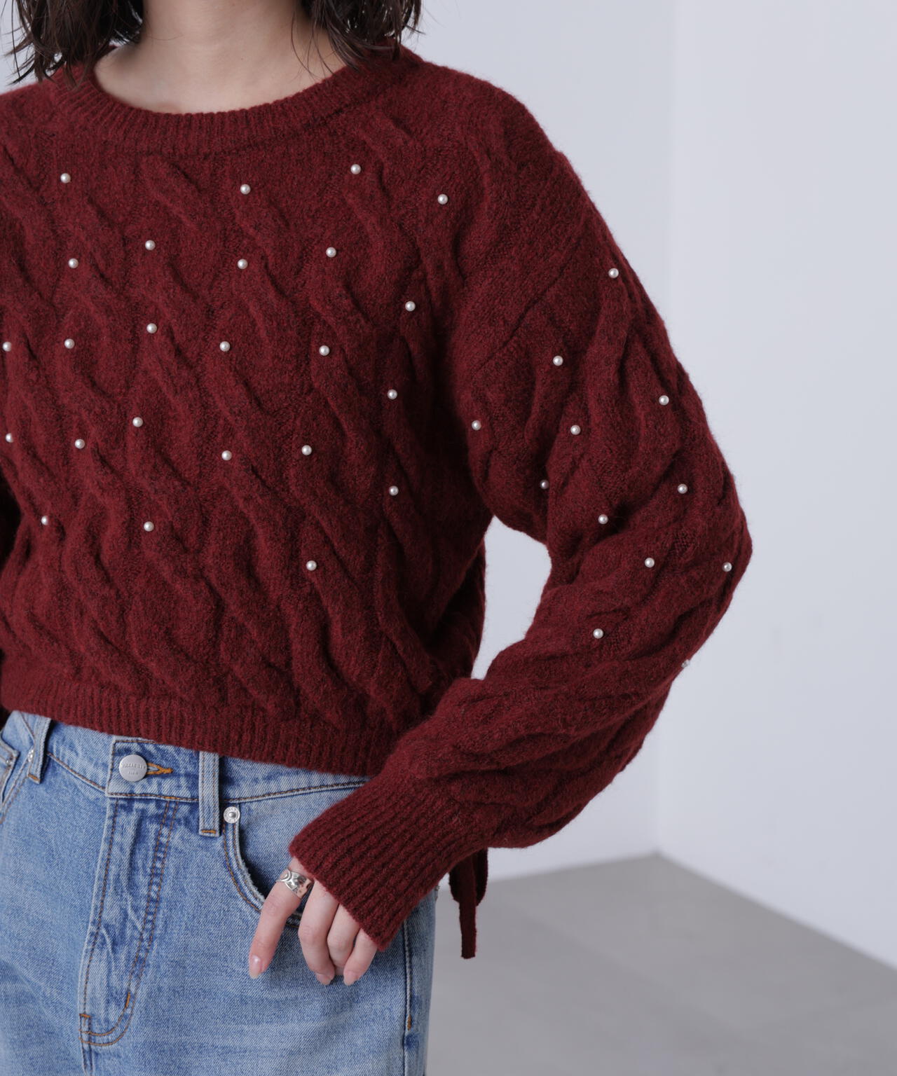 【レッド 追加生産予約】ウエストゴムパールミックスケーブルドロストニット