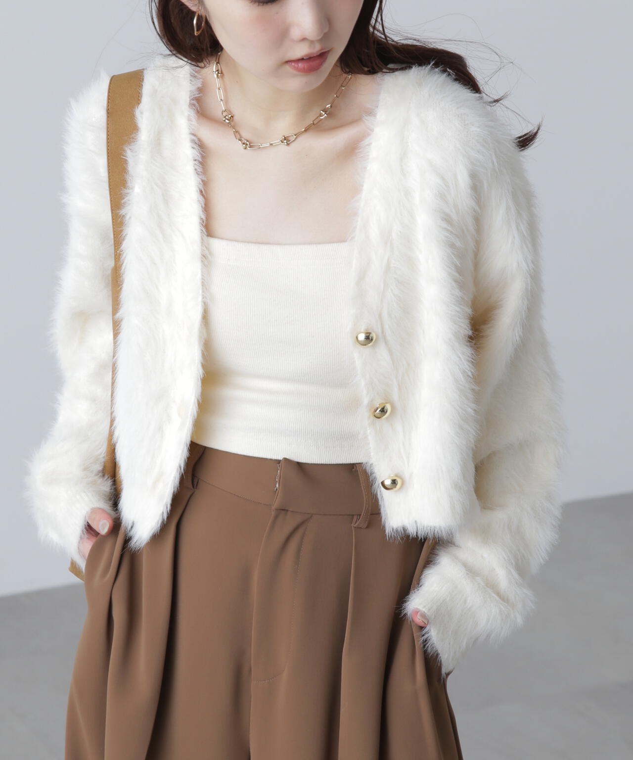 【はかな企画】金ボタンロングシャギーニットカーディガン〈MFM〉